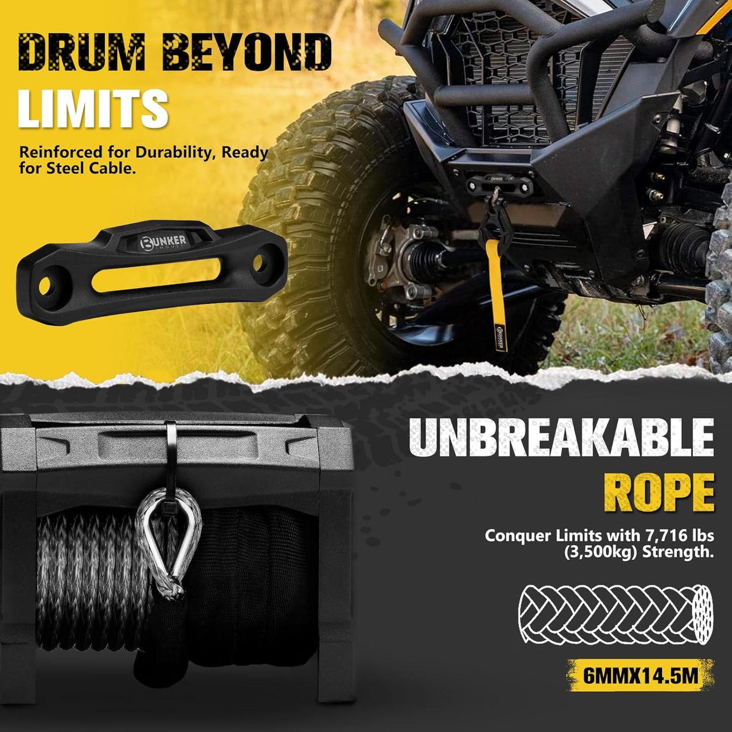 6500lb Electric Winch with Synthetic Rope Hawse Fairlead Kit For UTV/ATV