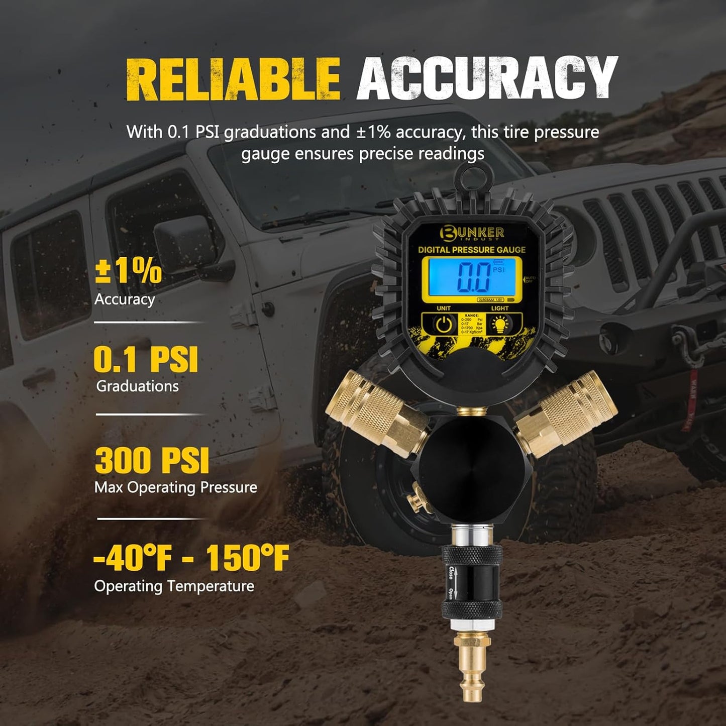 BUNKER INDUST 2 Tire Inflation Deflation System, Rapid High-Flow Air Up Down Kit with Digital Tire Pressure Gauge, 2 Wheels Off Road Tire Deflator Inflate-Up to 200" Wheelbase