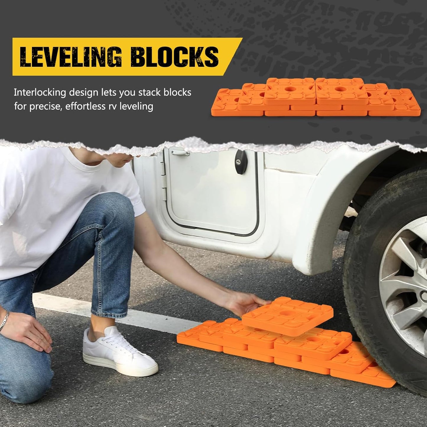 BUNKER INDUST RV Leveling Blocks/Stackable Jack Blocks, Interlocking Leveling Pads Wheels Stabilizer Blocks with Bag for Camper Trailer RVs, 10 Pack, Orange