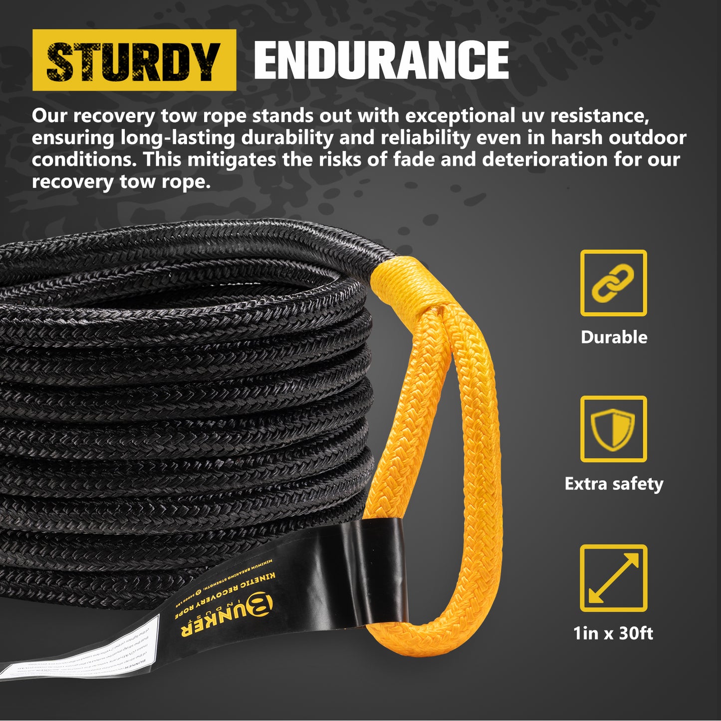 1"×30ft Kinetic Recovery Rope with 2 Soft Shackles