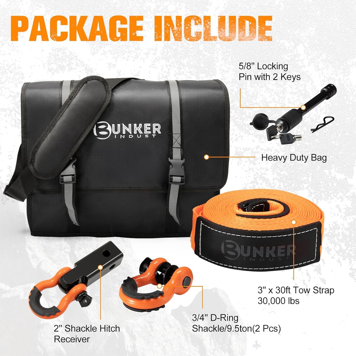 BUNKER INDUST Heavy Duty Tow Strap Recovery Kit,3" x 30ft 30,000lbs Snatch Strap + 2" Shackle Hitch Receiver + 5/8" Locking Pin + 3/4" D Ring Shackles with Isolator+ Bag,Off Road Gear Accessories