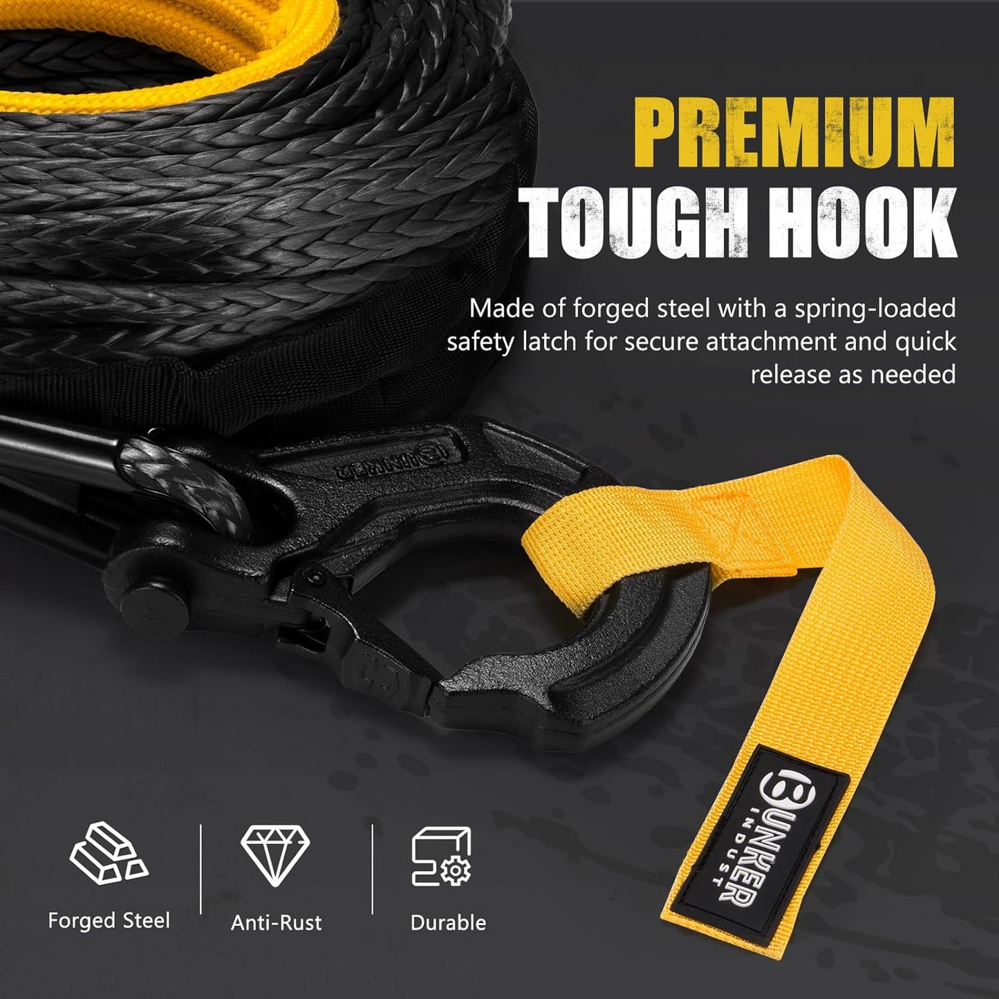 BUNKER INDUST Synthetic Winch Rope + D-Ring Shackle + Winch Hook,100ft x 3/8" 26500Lbs Winch Cable Replacement Kit with Protective Sleeve for Truck, Jeep Off-Road Recovery