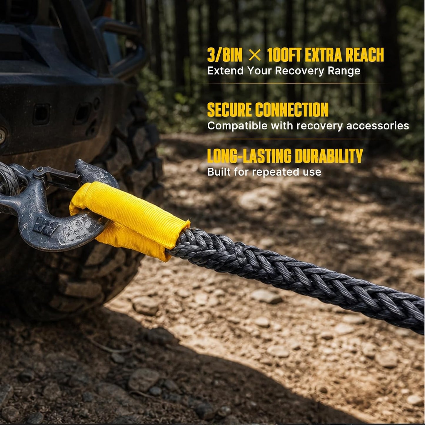 BUNKER INDUST Synthetic Winch Rope Extension, 3/8" x 100FT UHMWPE Winch Line Extension Cable with Protective Sleeve, Offroad Recovery Accessory for 4x4 Jeep Truck ATV UTV SUV