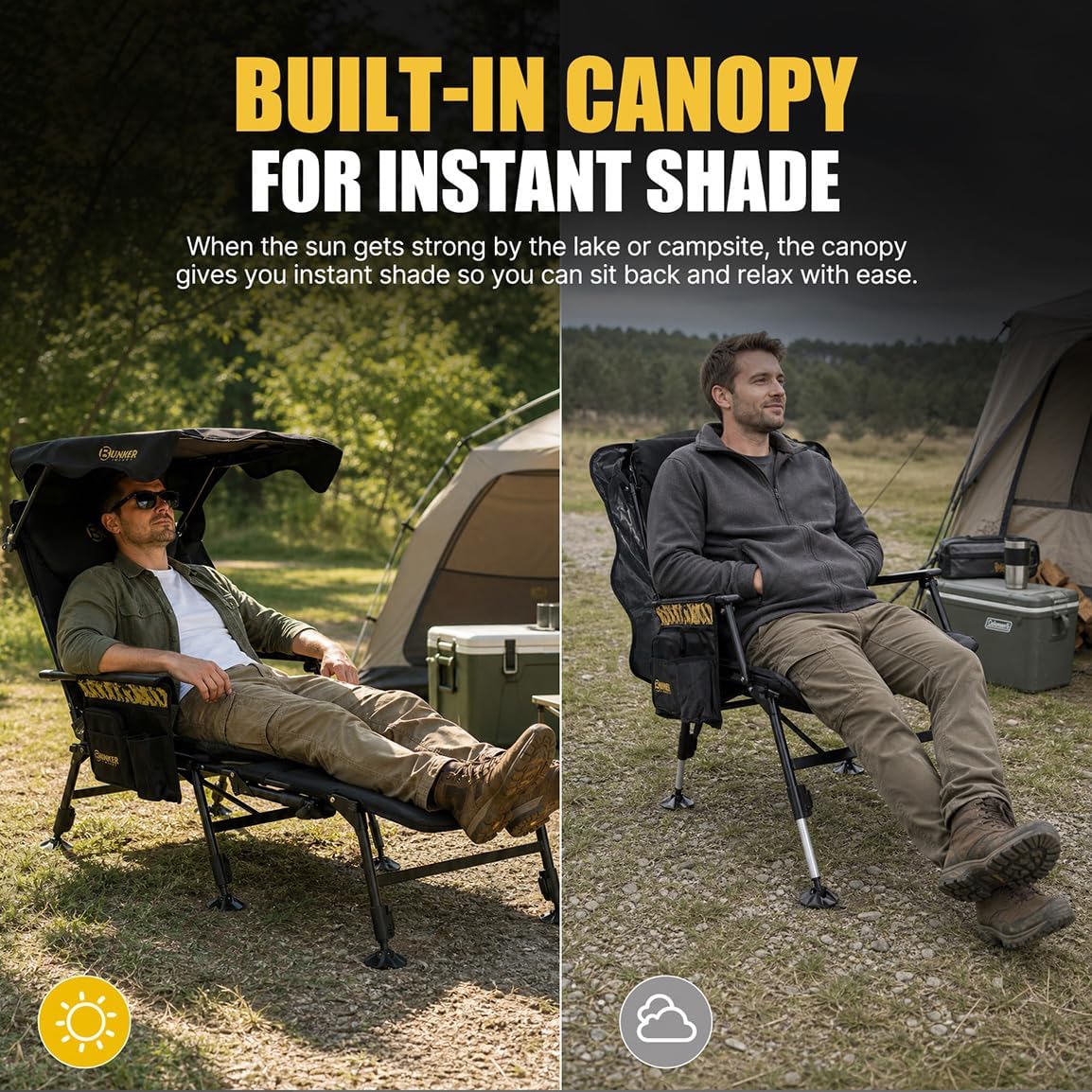 BUNKER INDUST Foldable Camping Chair with Canopy and Extended Footrest, Adjustable Backrest & Legs, Supports 330 Lbs, Portable Folding Outdoor Chair with Shade for Beach Camping Fishing RV Lake