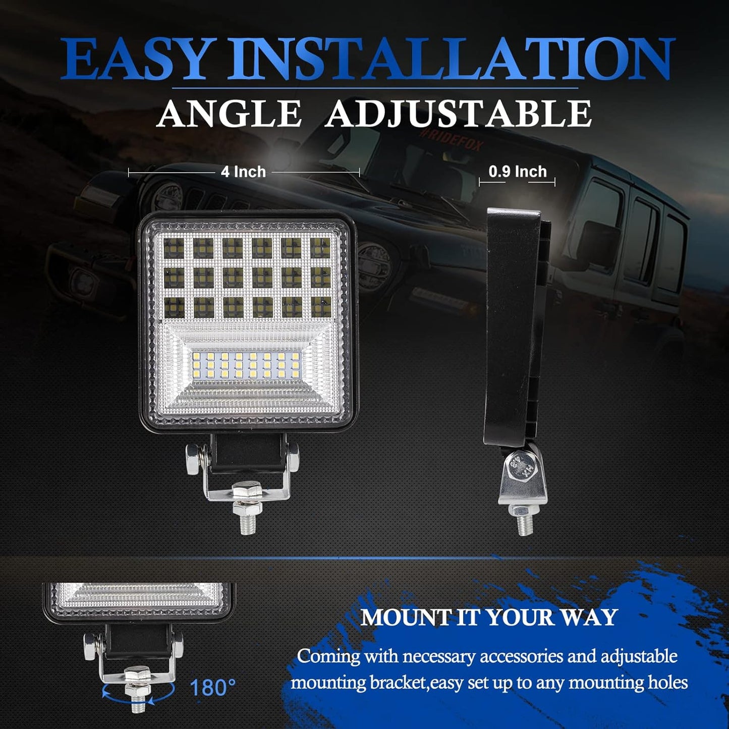 BUNKER INDUST 4 Inch LED Light Pods,2 Pcs Square Tractor Work Lights Spot Flood Driving Small Light Bar for Truck Equipment Vehicle Pickup UTV ATV Golf Cart