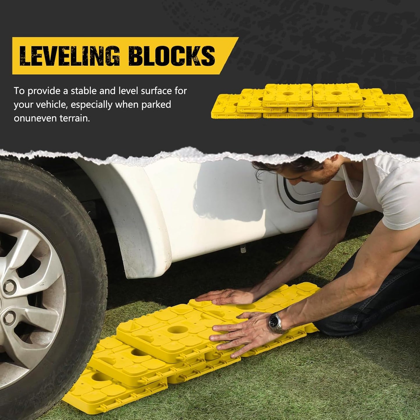 BUNKER INDUST RV Leveling Blocks/Stackable Jack Blocks/Interlocking Design for Customizable Recovery Boards, 10 Pack Multifunctional Wheels Stabilizer Blocks with Bag