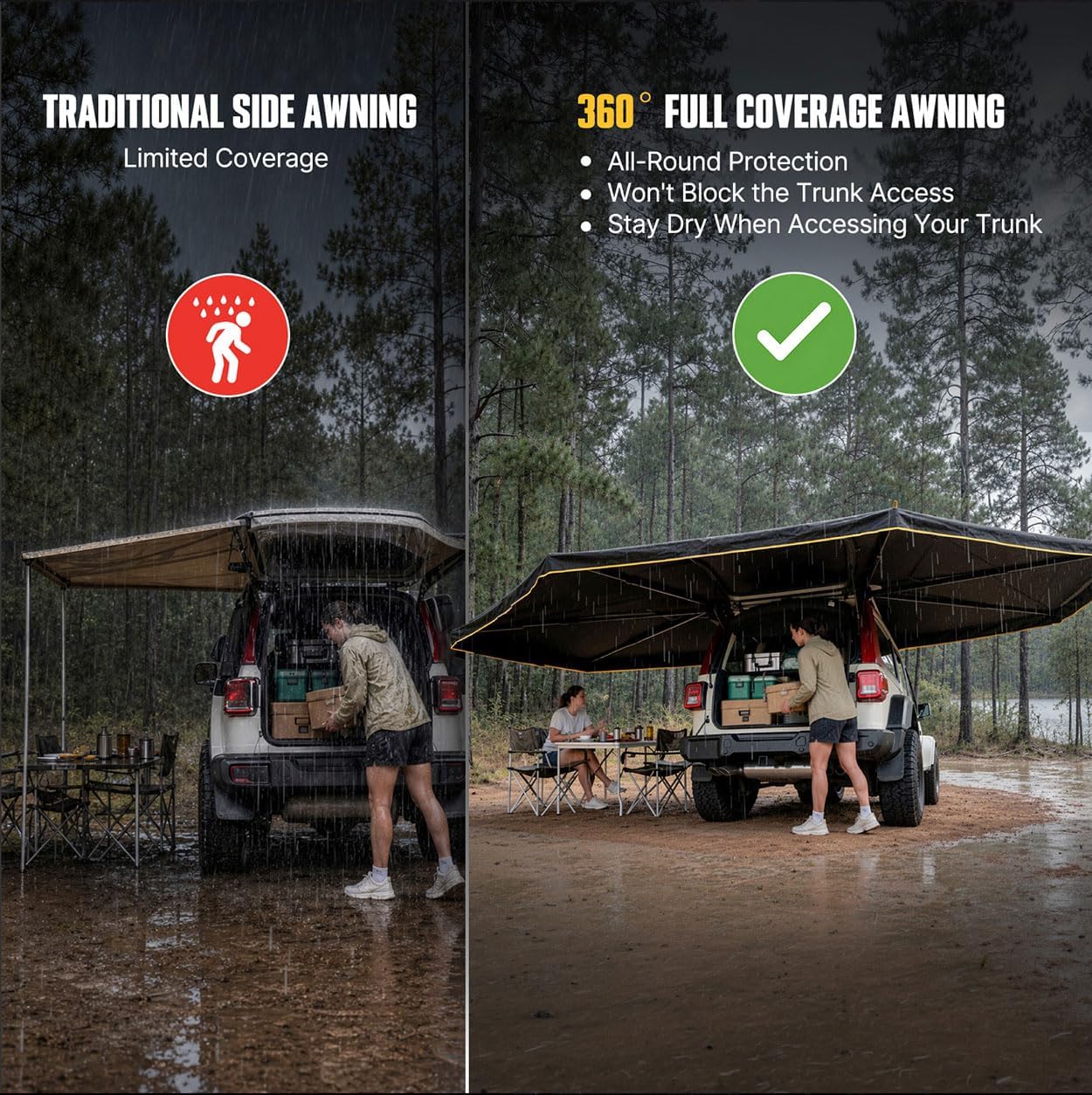 BUNKER INDUST 360° Freestanding Vehicle Awning, 145 Sq ft Large Coverage Car Side Awning with 3-Color LED Light, Waterproof Overland Shelter for SUV Truck Van Offroad Camping