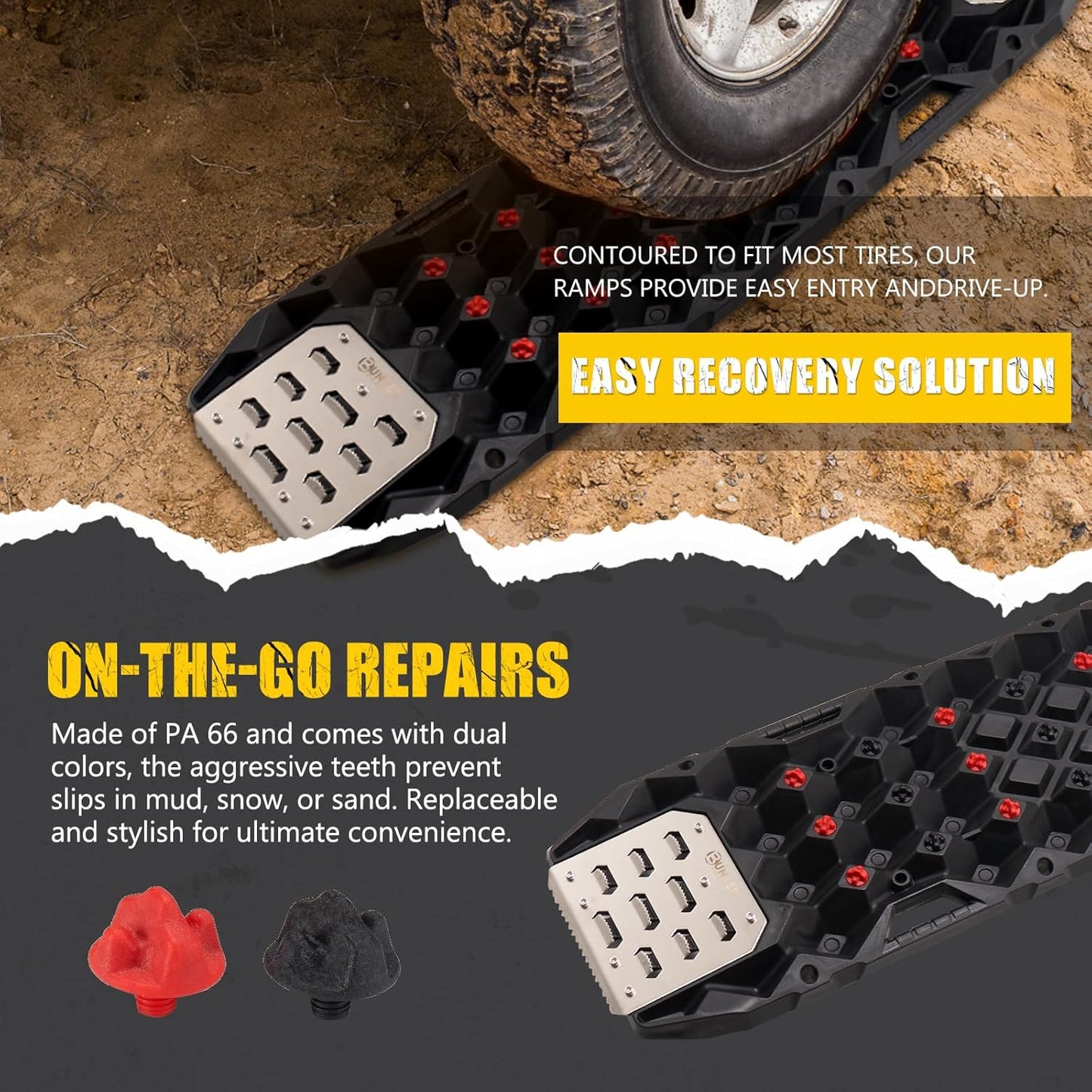 BUNKER INDUST Offroad Traction Board with Jack Base,Pair 47.24" L x 14" W Recovery Track Tire Traction Mat -Black Sand,Mud,Snow Ramps (Replaceable Dual Colors Teeth/Rugged Steel Plate) Gen 11th