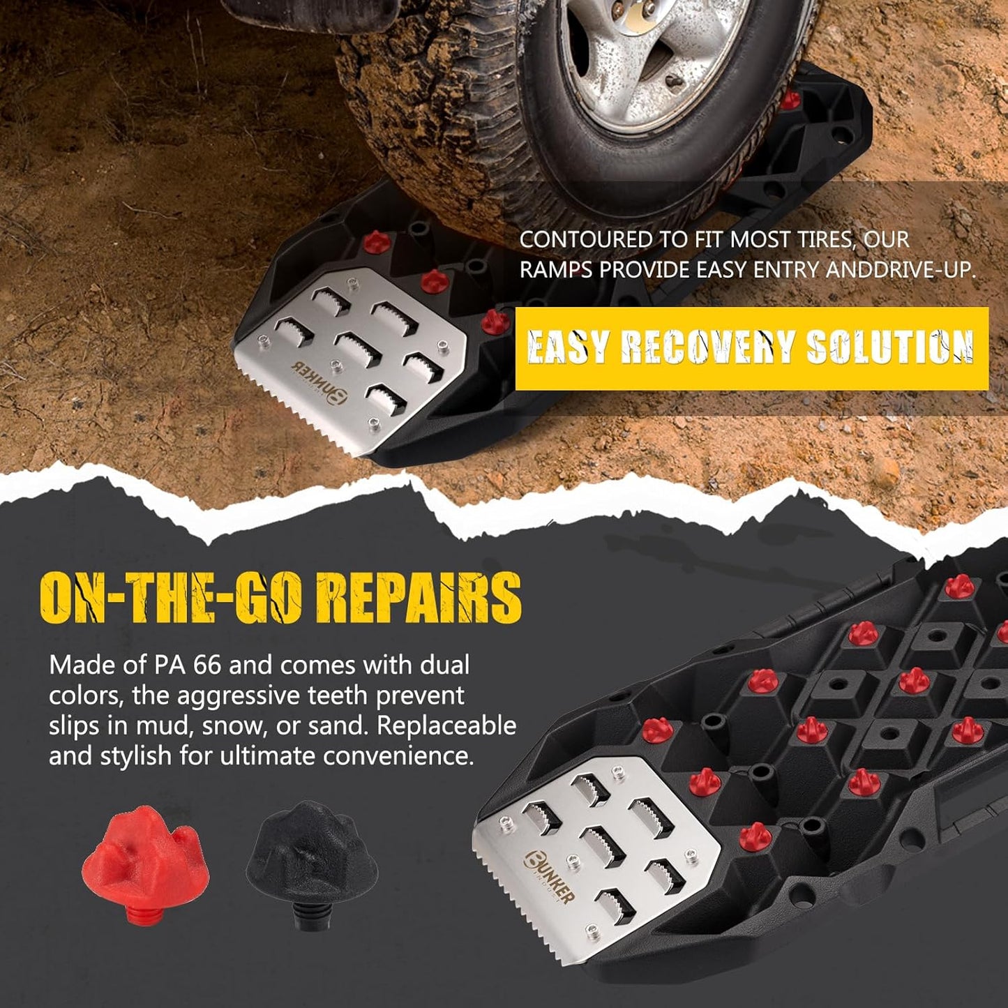 BUNKER INDUST Offroad Traction Boards with Jack Base, Pair Portable Recovery Track Tire Traction Mat - Black Sand,Mud,Snow Tracks(Replaceable Dual Colors Teeth/Rugged Steel Plate), Gen 12th