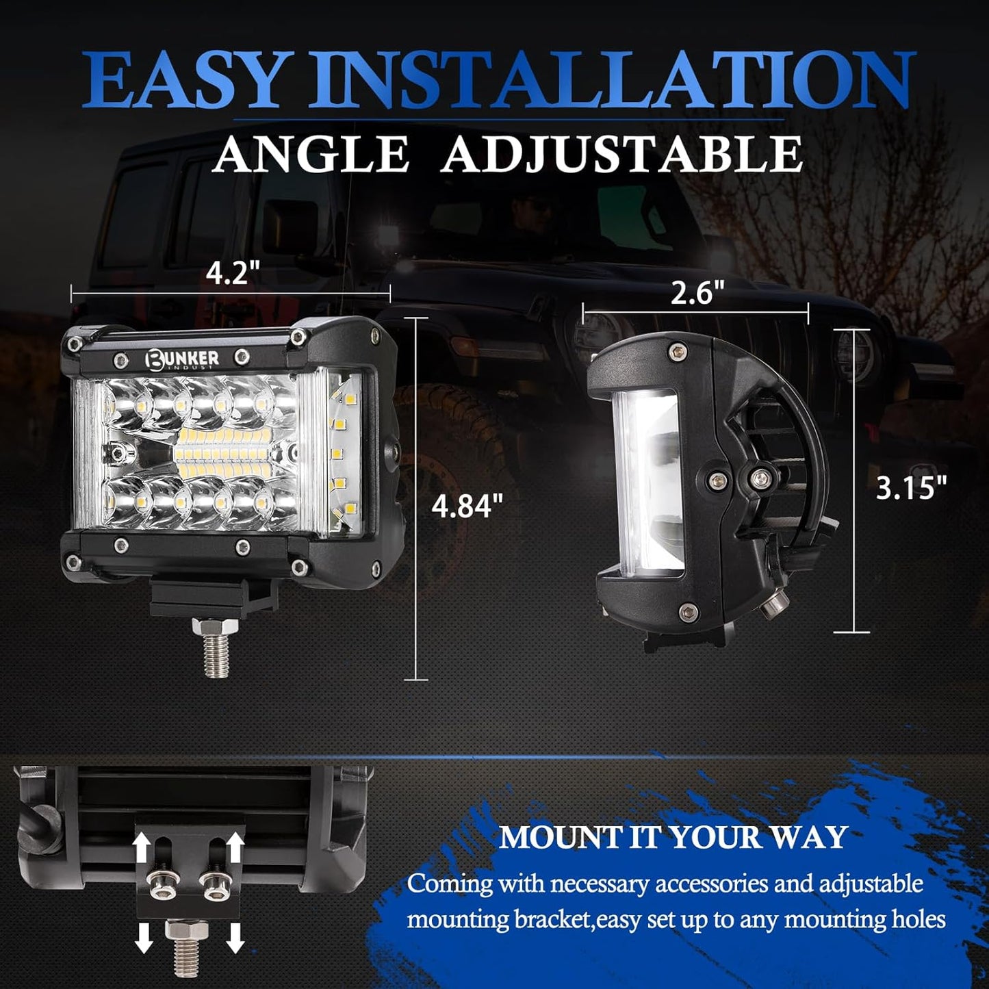 BUNKER INDUST Side Shooter LED Light Pods Wiring Harness Kit, 2 Pcs 7" Spot Flood LED Light Bar 80W Work Light Waterproof Cube Lights Off-Road Driving Bumper Light for ATV UTV Truck Boat Tractor