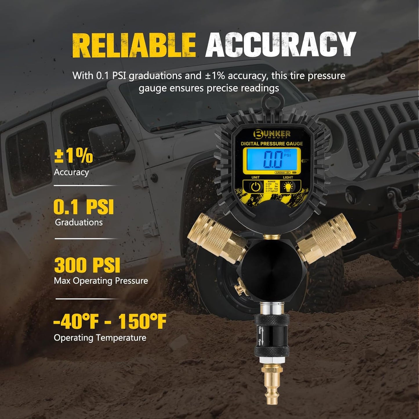 BUNKER INDUST 4 Tire Inflation Deflation System, Rapid High-Flow Air Up Down Kit with Digital Tire Pressure Gauge, 4 Wheels Off Road Tire Deflator Inflate-Up to 200" Wheelbase