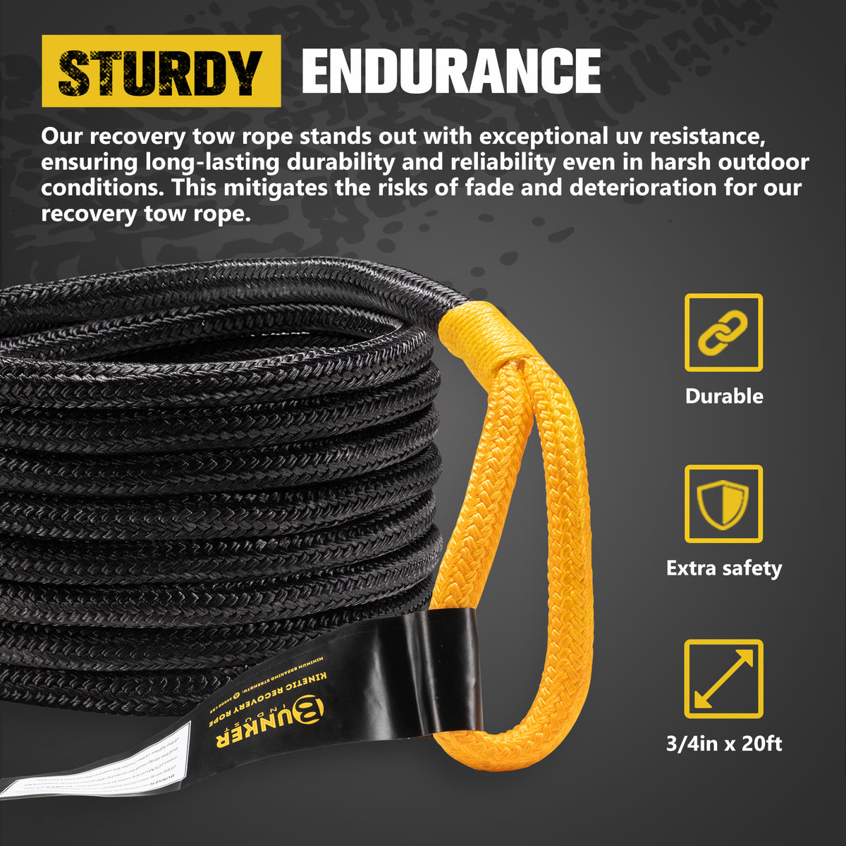 Recovery Toe Rope BUNKER INDUST 3/4in×20ft Kinetic Recovery Rope with 2 Soft Shackles Ki ...