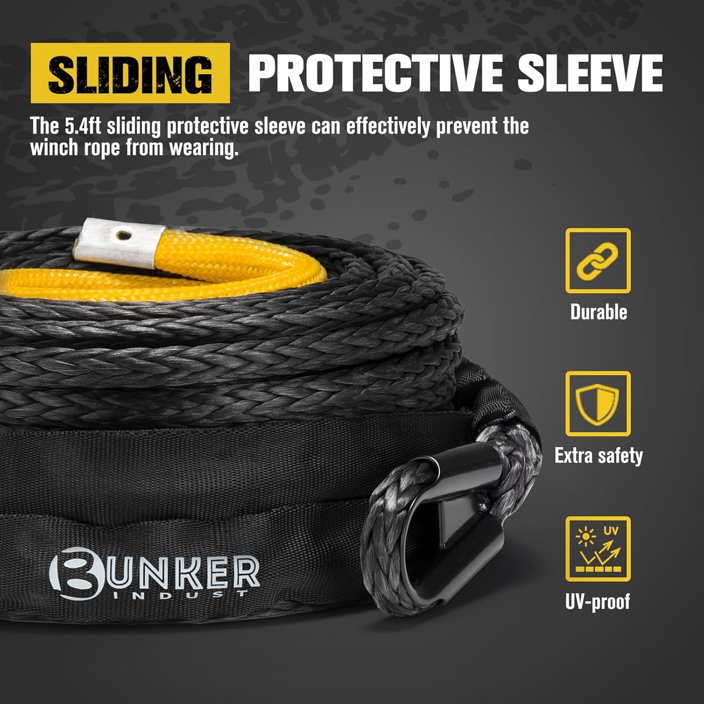 BUNKER INDUST 3/8" x 100' Synthetic Winch Rope, 25000LBS Winch Cable with Protective Sleeve 100ft Winch Line Black Replacement for Off-Road Vehicles, Trucks, SUVs