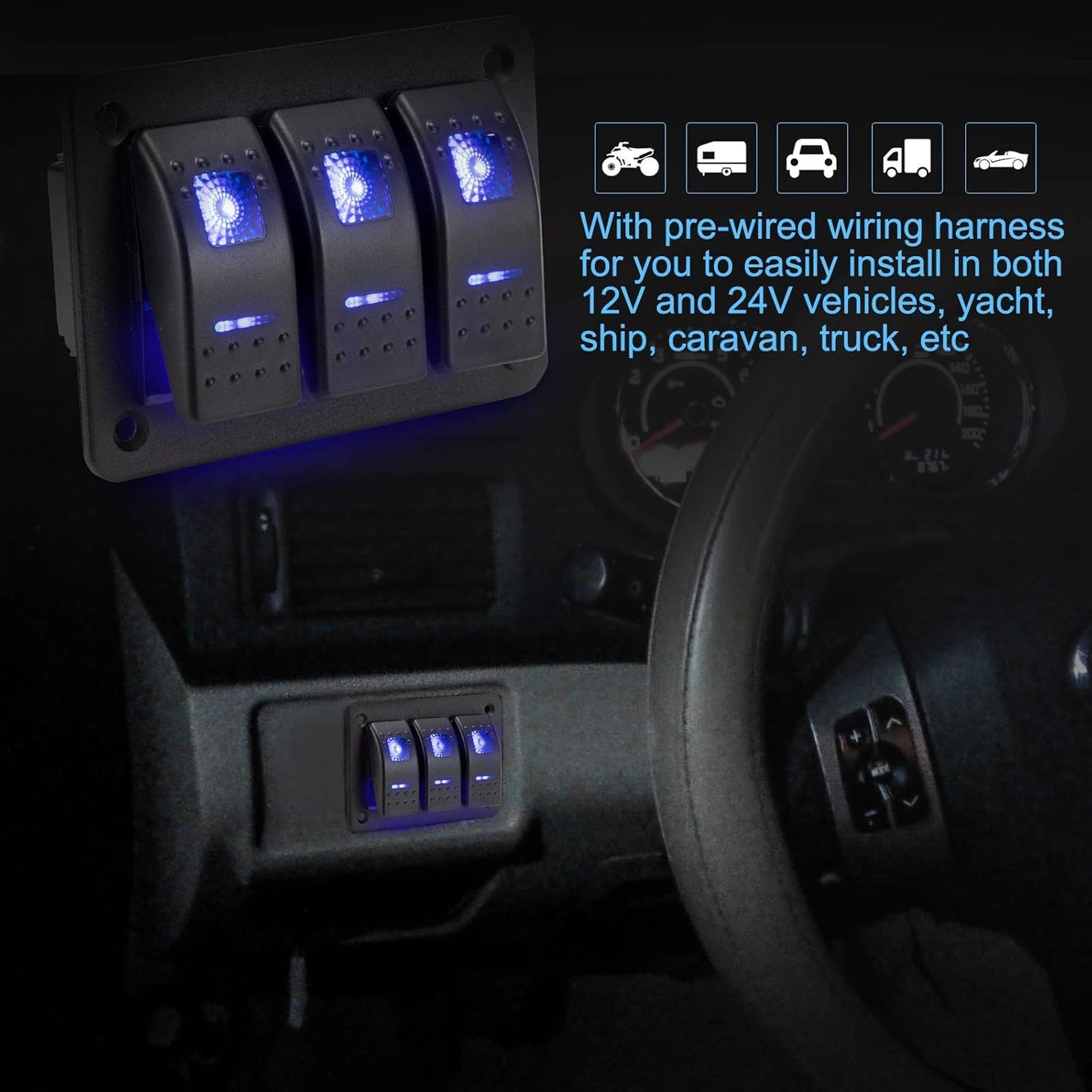 BUNKER INDUST 2 Gang Rocker Switch Aluminum Panel with Blue LED Light Waterproof 5 Pin On Off Toggle Switches for 12V/24V Marine Boat RV Truck Car ATV