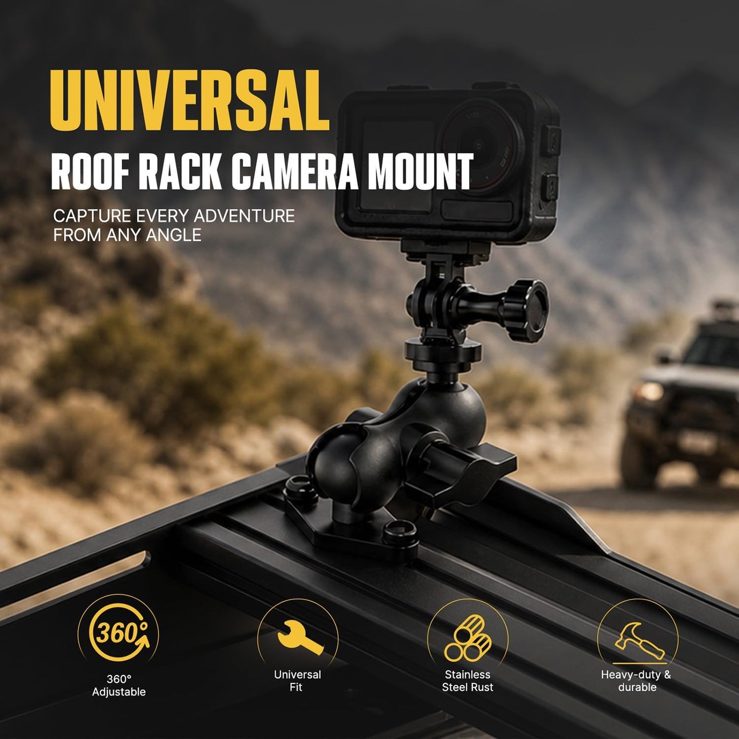 BUNKER INDUST Universal Roof Rack Action Camera Mount Bracket, 360° Adjustable Camera Holder Compatible with GoPro, DJI, Insta360 for Vehicle T-Slot Platform Cross Bar Off-Road Overlanding Camping