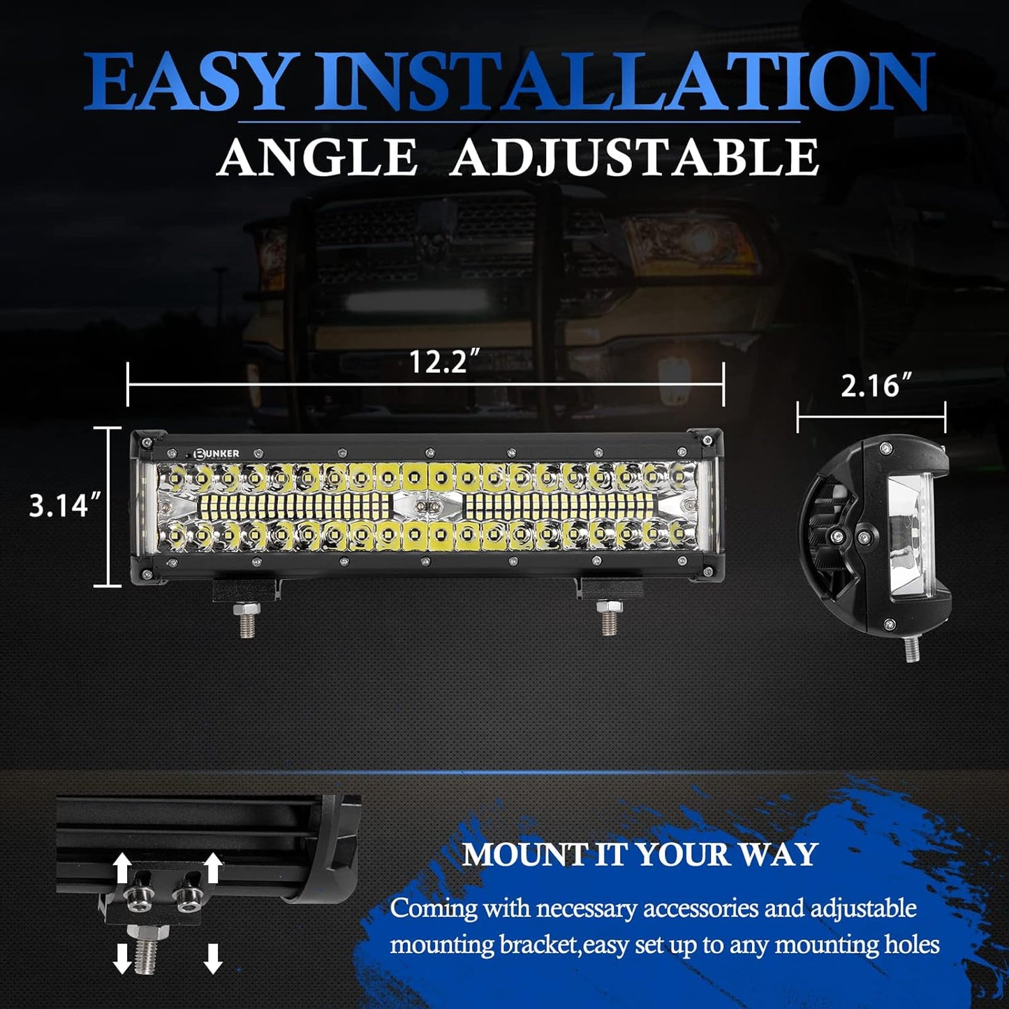 BUNKER INDUST Side Shooter LED Light Pods Wiring Harness Kit, 1 Pcs 12" Spot Flood LED Light Bar 90W Work Light Waterproof Cube Lights Off-Road Driving Bumper Light for ATV UTV Truck Boat Tractor