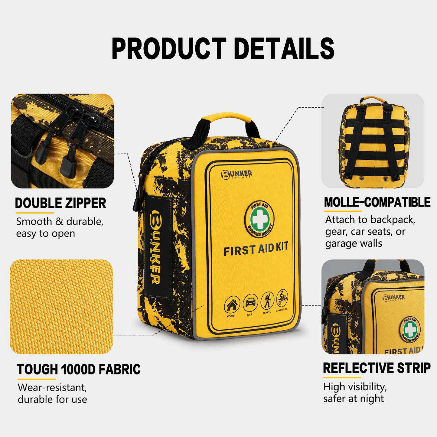 BUNKER INDUST 520 Piece All-in-One First Aid Kit, Emergency Storage Bag with Transparent Labeled Pockets, Durable 1000D Polyester Outdoor Gear for Vehicle Camping Backpacking Hiking Home Road Trip