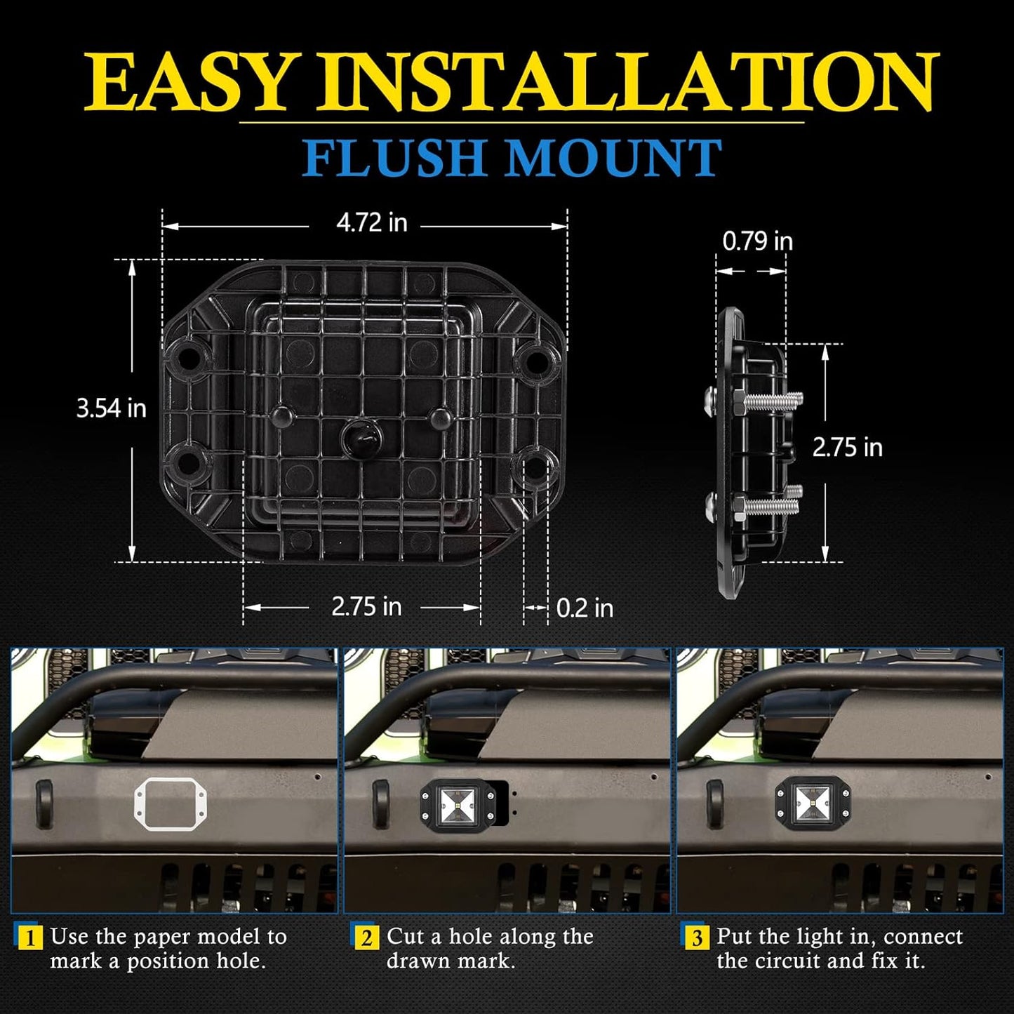 BUNKER INDUST 5" Inch Flood LED Light Pods, Pair Flush Mount LED Work Light 4800LM Light Bar Backup Driving Lights Waterproof for Truck Tractor Off Road 4x4 Jeep Pickup SUV ATV UTV Golf Cart