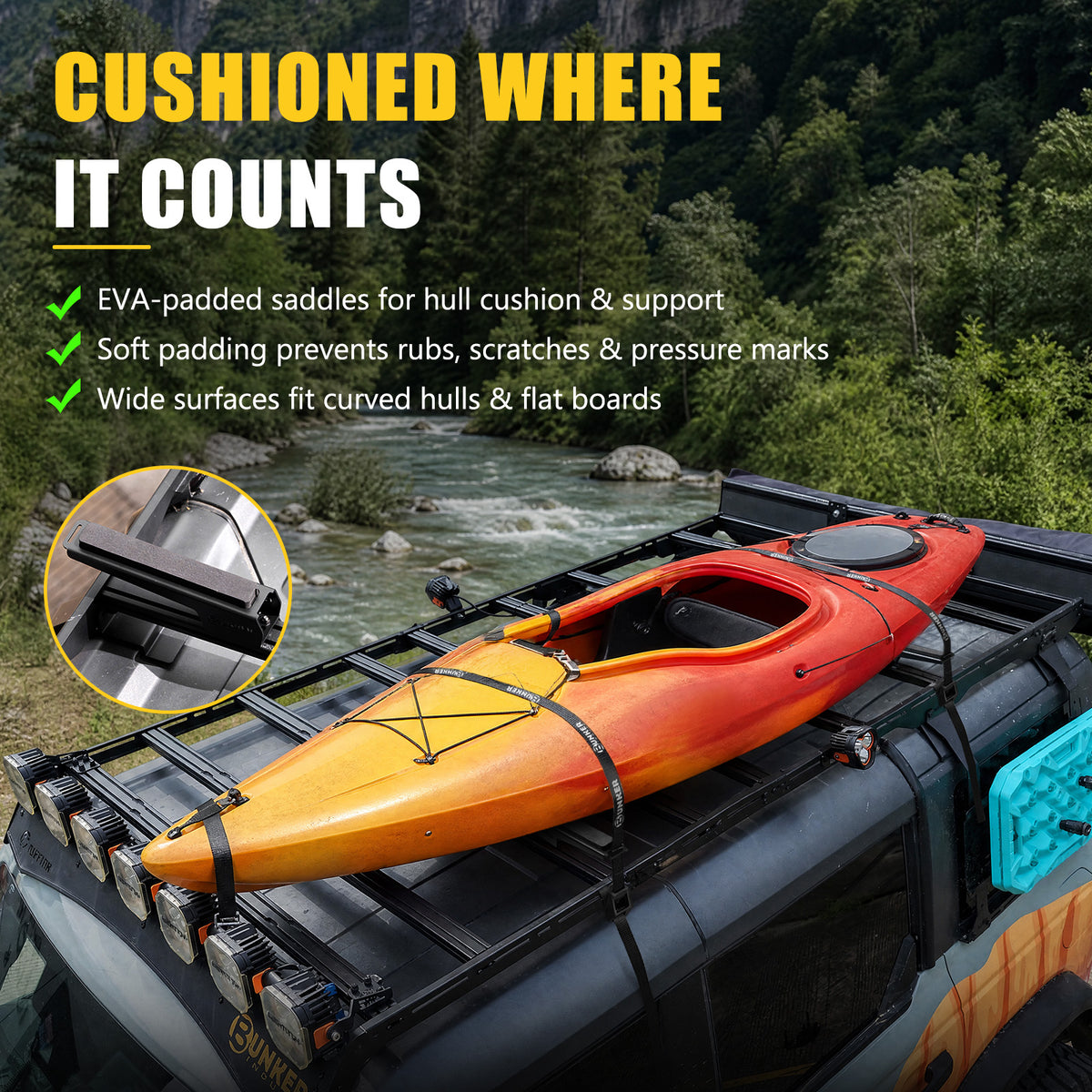 BUNKER INDUST Kayak Roof Rack Saddles, 4-Pcs Stainless Steel Kayak Carrier for Slotted Roof Platforms, EVA Padding & Tie-Down Straps, 110 lbs Capacity for Kayak Canoe SUP Surfboard, Black