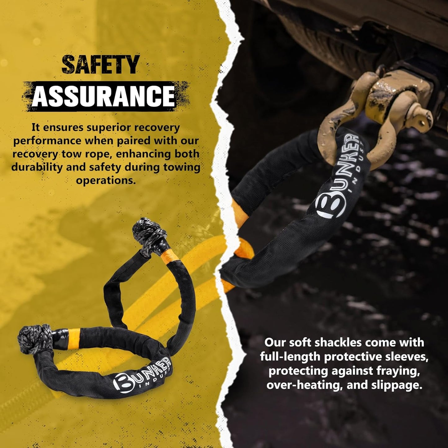 BUNKER INDUST 1.25"×20ft Kinetic Recovery Rope with 2 Soft Shackle Kit, 55000lbs Nylon Tow Rope Heavy Duty Snatch Strap Offroad Recovery Kit for 4x4 Jeep Truck ATV UTV SUV