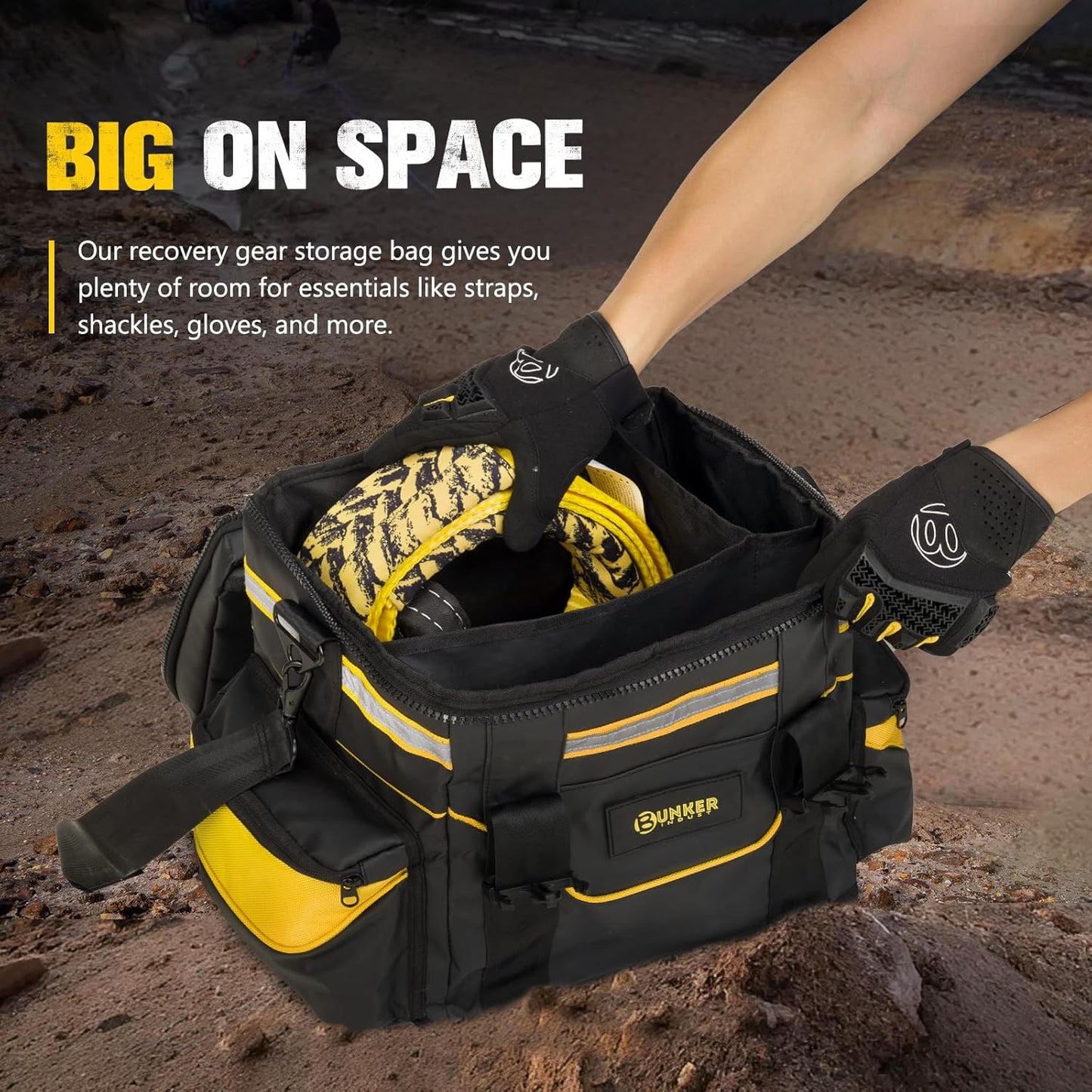BUNKER INDUST Heavy Duty Large Recovery Gear Bag with Shoulder Strap, Reflective Strips, Multi-Pockets for Offroad Accessories & Tool Organizer