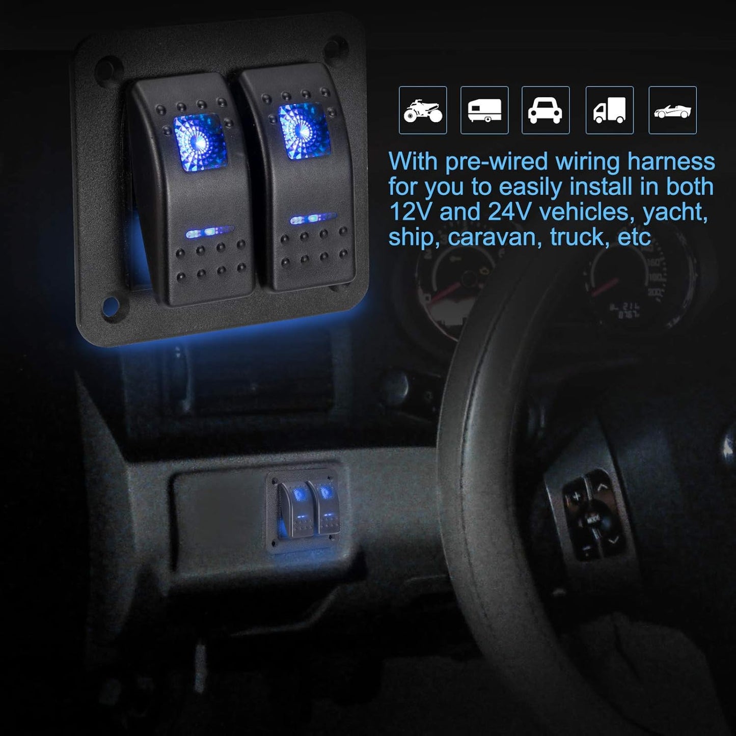 BUNKER INDUST 2 Gang Rocker Switch Aluminum Panel with Blue LED Light Waterproof 5 Pin On Off Toggle Switches for 12V/24V Marine Boat RV Truck Car ATV