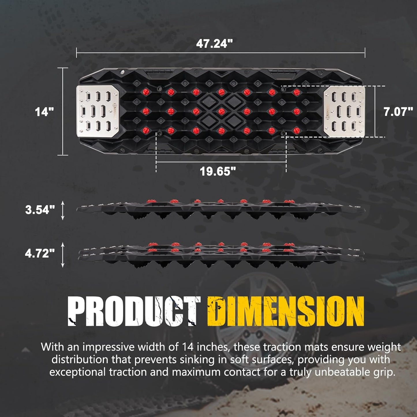 BUNKER INDUST Offroad Traction Board with Jack Base,Pair 47.24" L x 14" W Recovery Track Tire Traction Mat -Black Sand,Mud,Snow Ramps (Replaceable Dual Colors Teeth/Rugged Steel Plate) Gen 11th