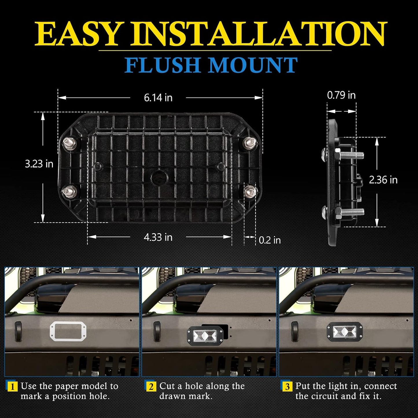 BUNKER INDUST 6" Inch Flood LED Light Pods,Pair Flush Mount LED Work Light 4800LM Light Bar Backup Driving Lights Waterproof for Truck Tractor Off Road 4x4 Jeep Pickup SUV ATV UTV Golf Cart