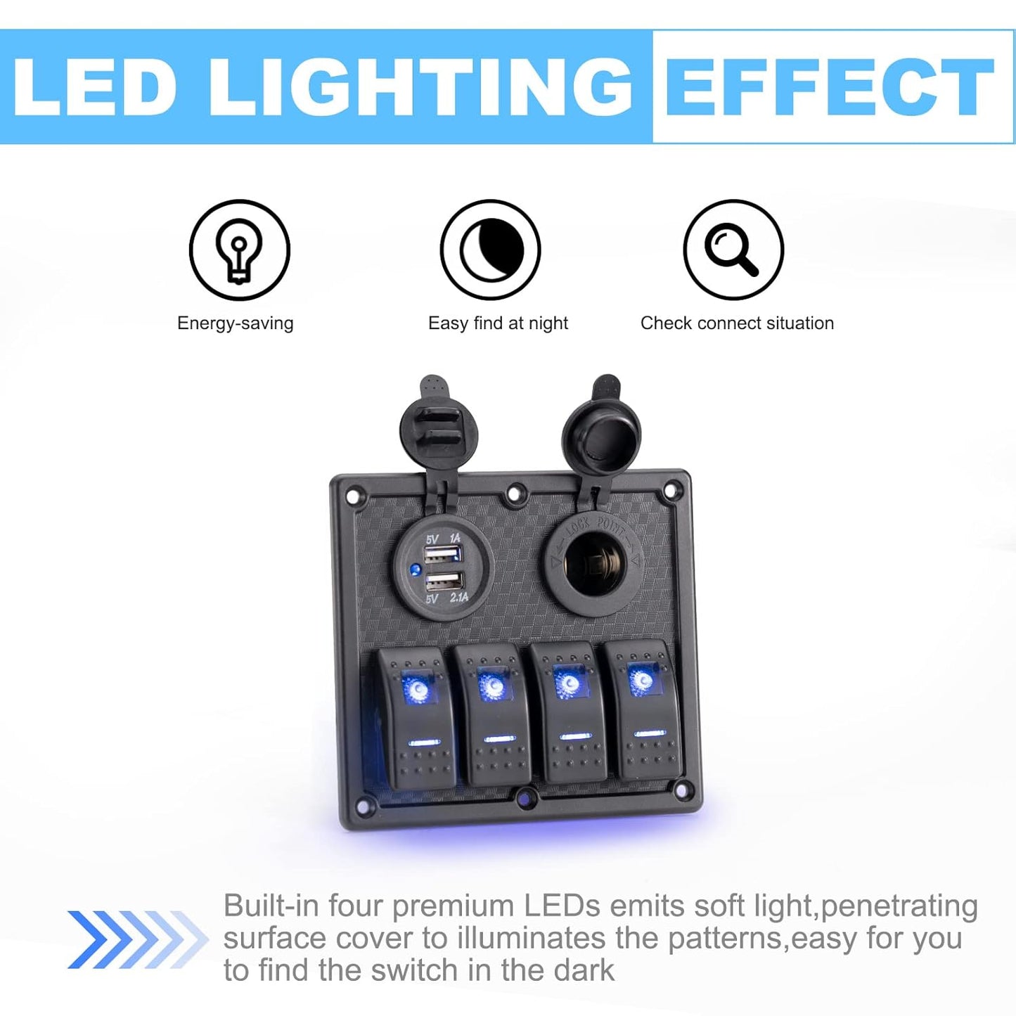 BUNKER INDUST 4 Gang Rocker Switch Aluminum Panel with Dual USB Port Charger Socket & Cigarette Lighter Socket Blue LED Light Waterproof On Off Toggle Switch for 12V/24V DC Marine Boat Truck Car ATVs