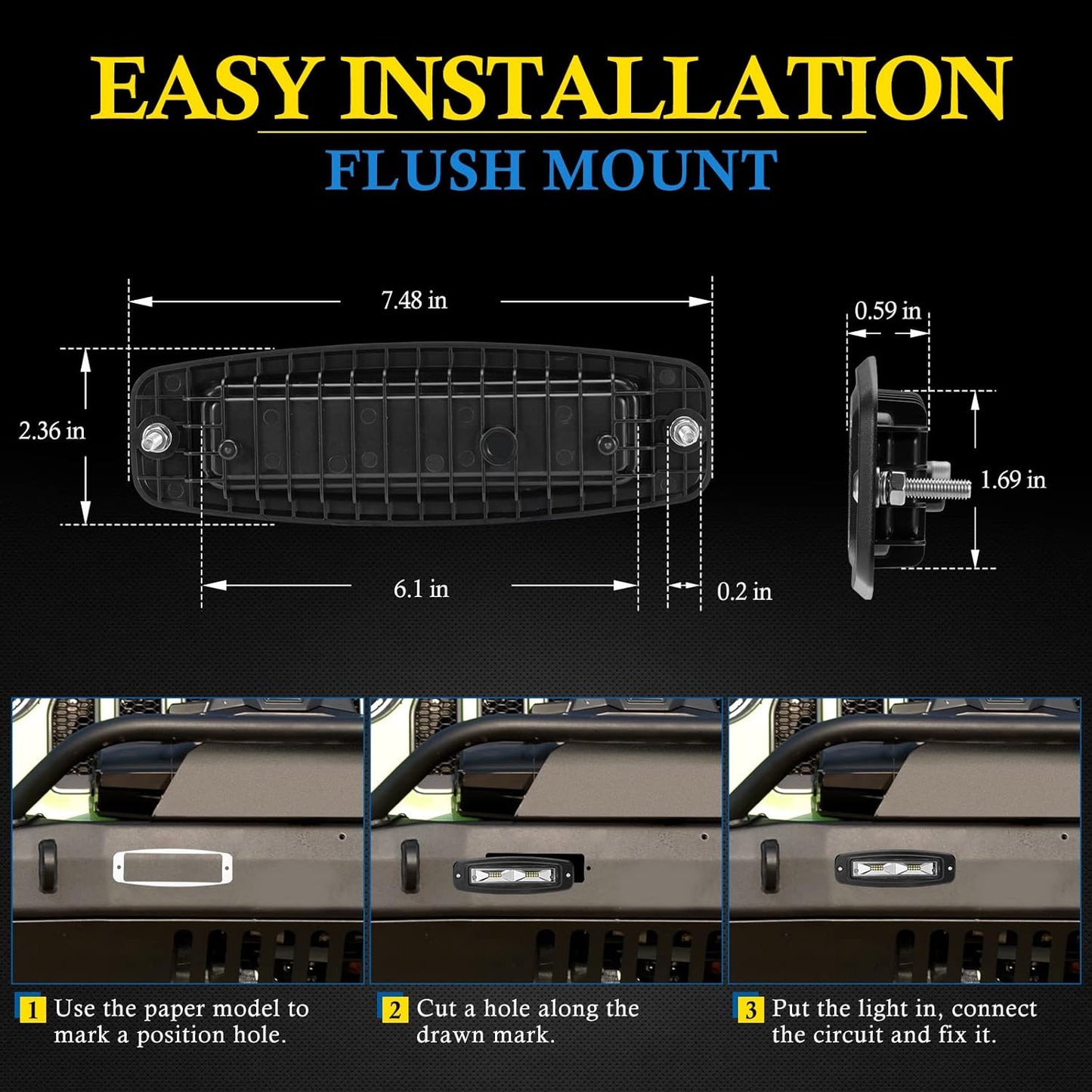 BUNKER INDUST 7" Inch Flood LED Light Pods,Pair Flush Mount LED Work Light 4800LM Light Bar Backup Driving Lights Waterproof for Truck Tractor Off Road 4x4 Jeep Pickup SUV ATV UTV Golf Cart