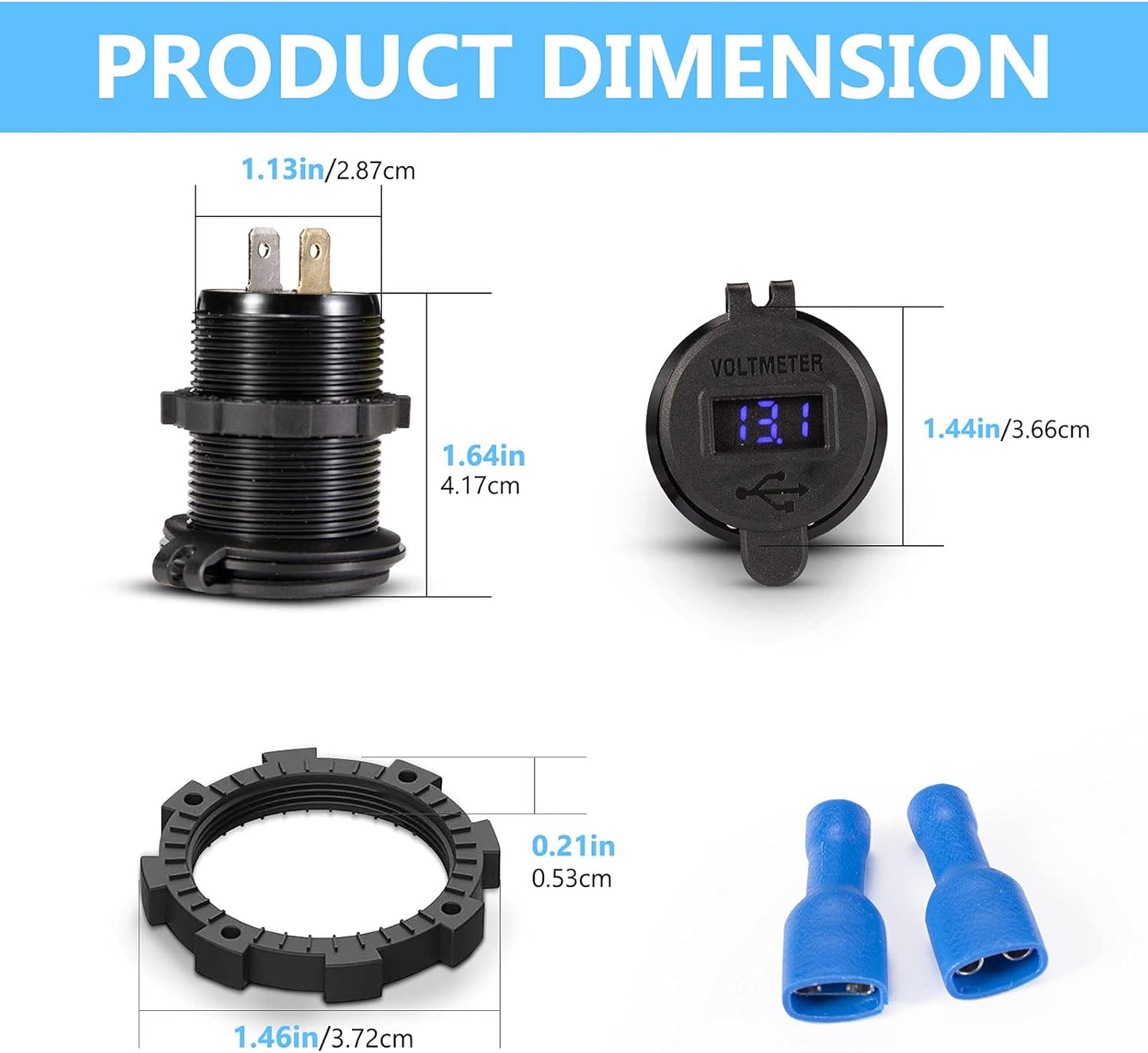 BUNKER INDUST Car Charger Socket Quick Charge 3.0QC,Dual Port USB Type C Outlet with Blue LED Digital Voltmeter,Aluminum Power Adapter 12V/24V Waterproof for Boat Marine UTV SUV RV Truck