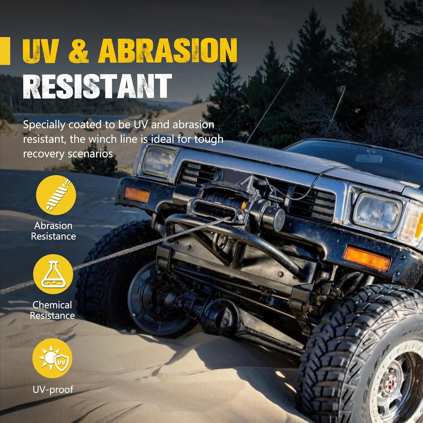 BUNKER INDUST Synthetic Winch Rope 3/8" x 85' 25000 lbs Capacity with Protective Sleeve - Off-Road Recovery Cable for ATV UTV SUV Truck, 1 Pcs Black Winch Line