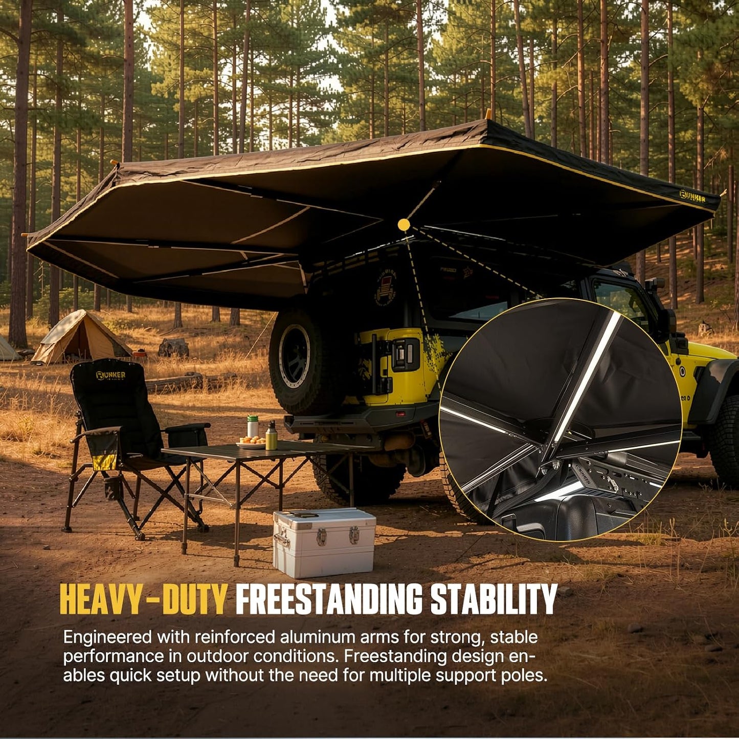 BUNKER INDUST 360° Freestanding Vehicle Awning, 145 Sq ft Large Coverage Car Side Awning with 3-Color LED Light, Waterproof Overland Shelter for SUV Truck Van Offroad Camping