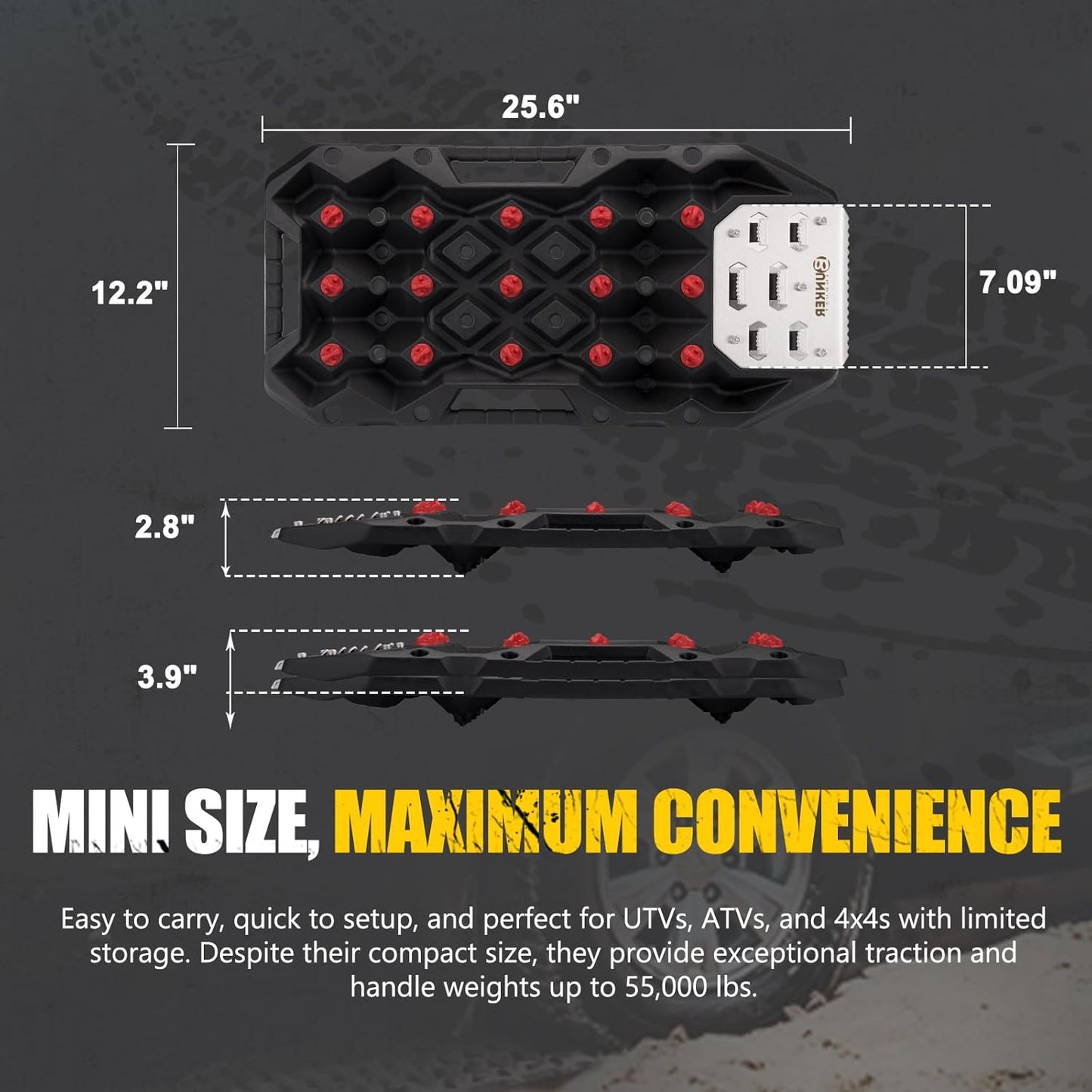 BUNKER INDUST Offroad Traction Boards with Jack Base, Pair Portable Recovery Track Tire Traction Mat - Black Sand,Mud,Snow Tracks(Replaceable Dual Colors Teeth/Rugged Steel Plate), Gen 12th