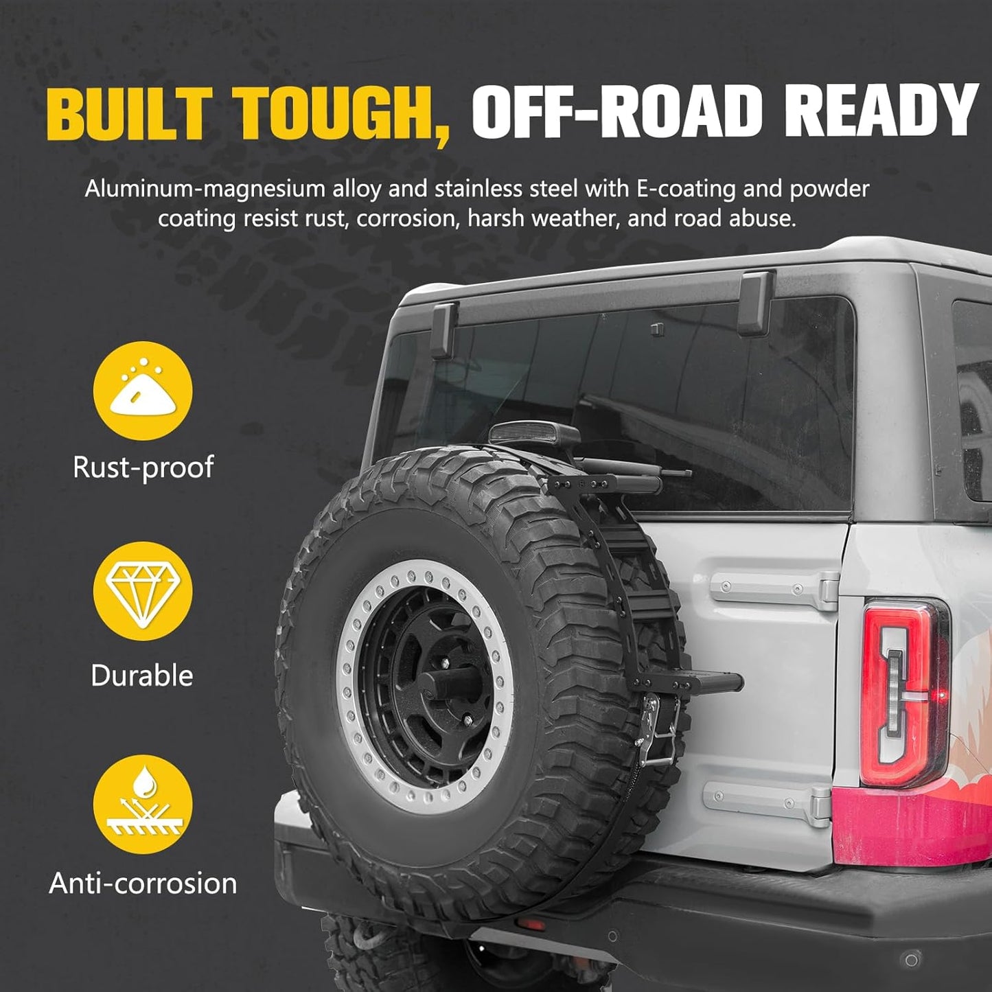 BUNKER INDUST Spare Tire Step with Ratchet Strap for 31"-40" Tires, Heavy Duty Spare Wheel Step Nonslip Ladder for Vehicle Car SUV Roof Rack Cargo Access