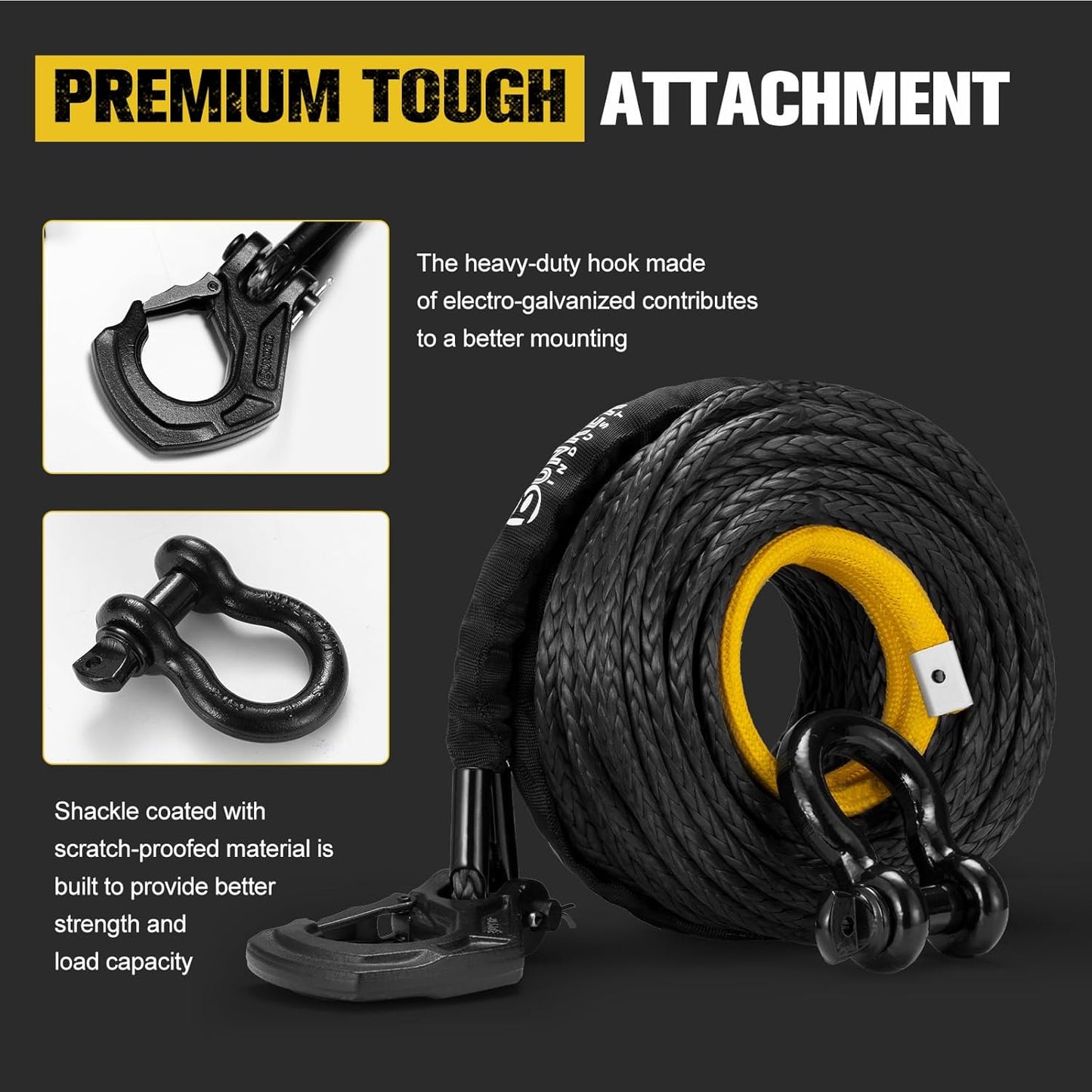 BUNKER INDUST Synthetic Winch Rope + D-Ring Shackle + Winch Hook,100ft x 3/8" 26500Lbs Winch Cable Replacement Kit with Protective Sleeve for Truck, Jeep Off-Road Recovery