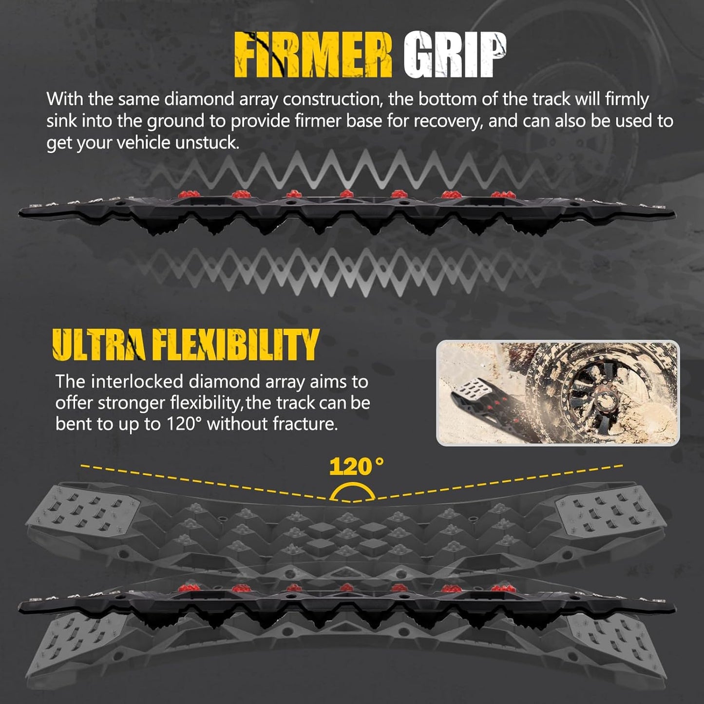 BUNKER INDUST Offroad Traction Board with Jack Base,Pair 47.24" L x 14" W Recovery Track Tire Traction Mat -Black Sand,Mud,Snow Ramps (Replaceable Dual Colors Teeth/Rugged Steel Plate) Gen 11th