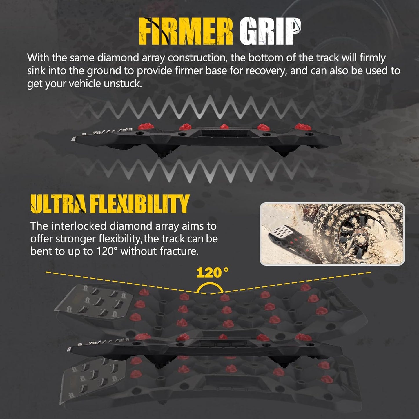 BUNKER INDUST Offroad Traction Boards with Jack Base, Pair Portable Recovery Track Tire Traction Mat - Black Sand,Mud,Snow Tracks(Replaceable Dual Colors Teeth/Rugged Steel Plate), Gen 12th