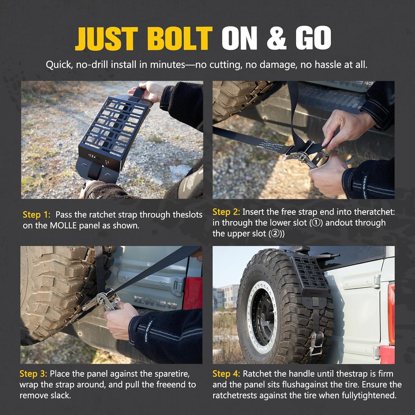 BUNKER INDUST Spare Tire Rack, Spare Tire Accessory Mount Bracket with Ratchet Strap for 31” - 40” Diameter Tires for 4x4 Off-Road