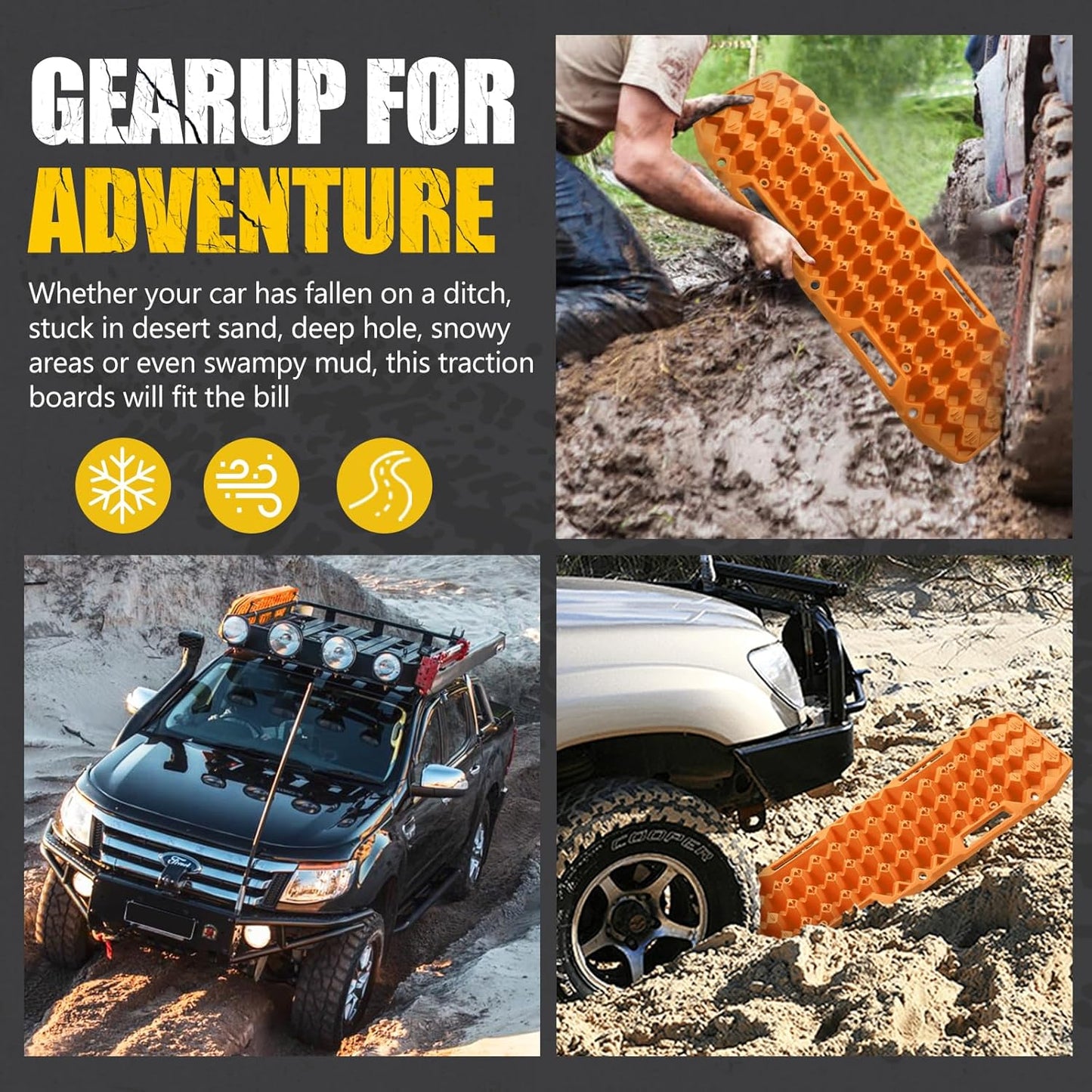 BUNKER INDUST Off Road Traction Boards, Pair Recovery Tracks Traction Mat for Vehicle Truck Jeep SUV, Mud, Snow, Sand Ramp-Orange Emergency Tire Traction Pads (Gen 10th)