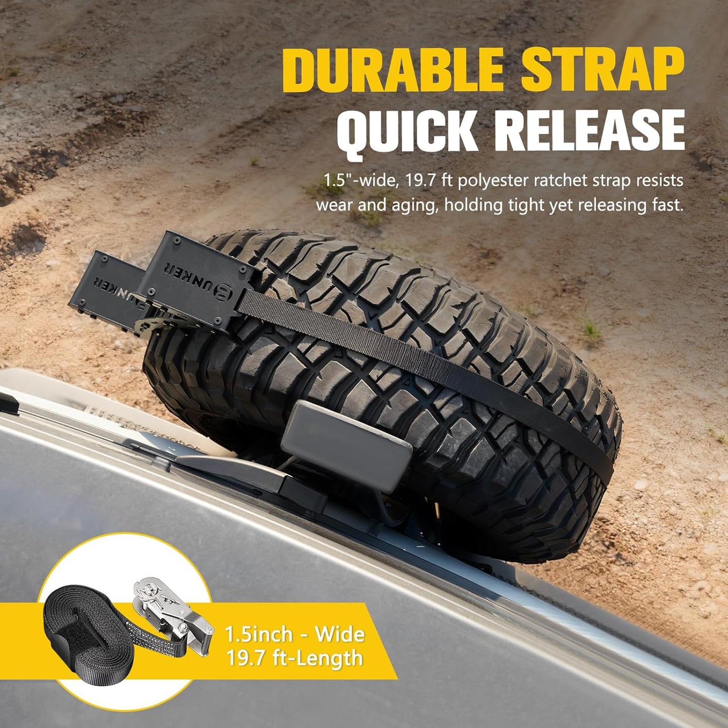 BUNKER INDUST Spare Tire Step with Ratchet Strap for 31"-40" Tires, Heavy Duty Spare Wheel Step Nonslip Ladder for Vehicle Car SUV Roof Rack Cargo Access