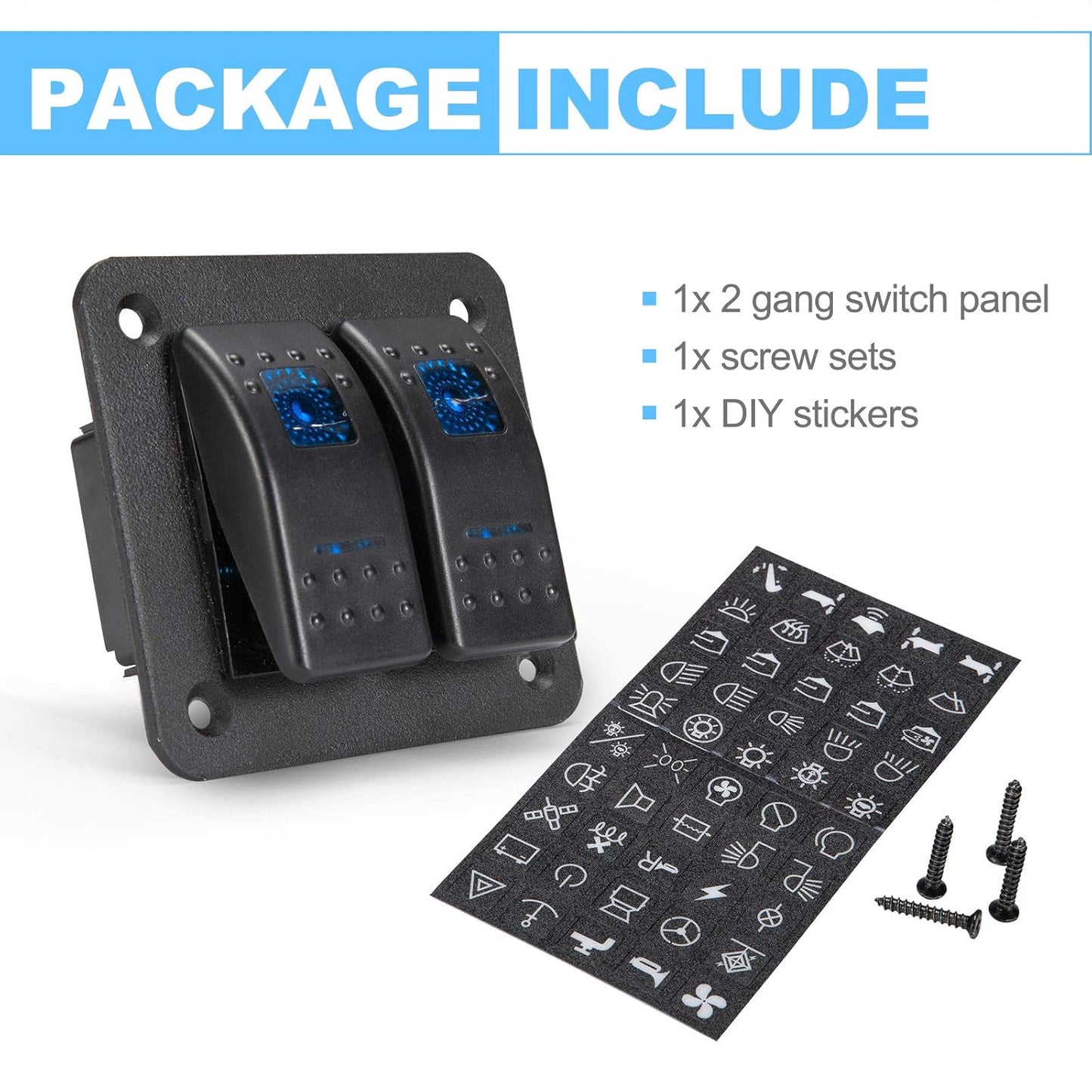 BUNKER INDUST 2 Gang Rocker Switch Aluminum Panel with Blue LED Light Waterproof 5 Pin On Off Toggle Switches for 12V/24V Marine Boat RV Truck Car ATV