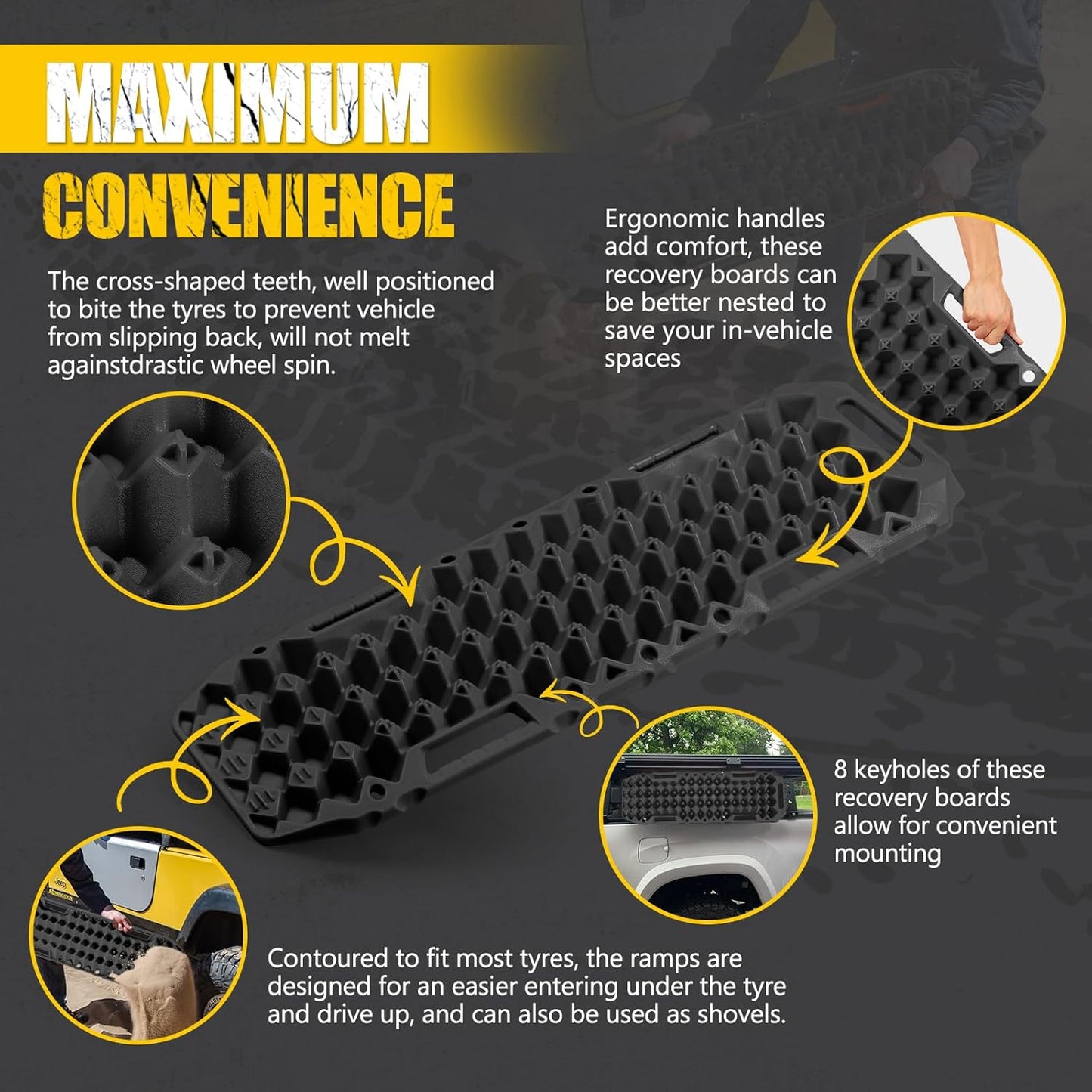 BUNKER INDUST Off-Road Traction Boards with Jack Lift Base,2 Pcs Multifunctional Recovery Track Ramp Traction Mat for 4WD UTV SUV Truck-Mud, Sand, Snow Tire Traction Devices Black with Carry Bag