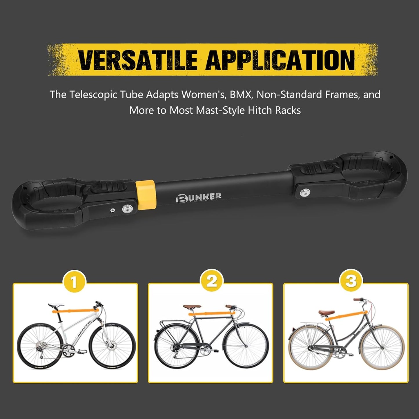 BUNKER INDUST 2 PCS E Bike Adapter Bar Fits Up to 100lbs for E Bike Rack, Adjustable Aluminum Bike Crossbar with Rubber Hooks, Adapt Diverse Bike Frames, Women's BMX & Non-Standard Frames