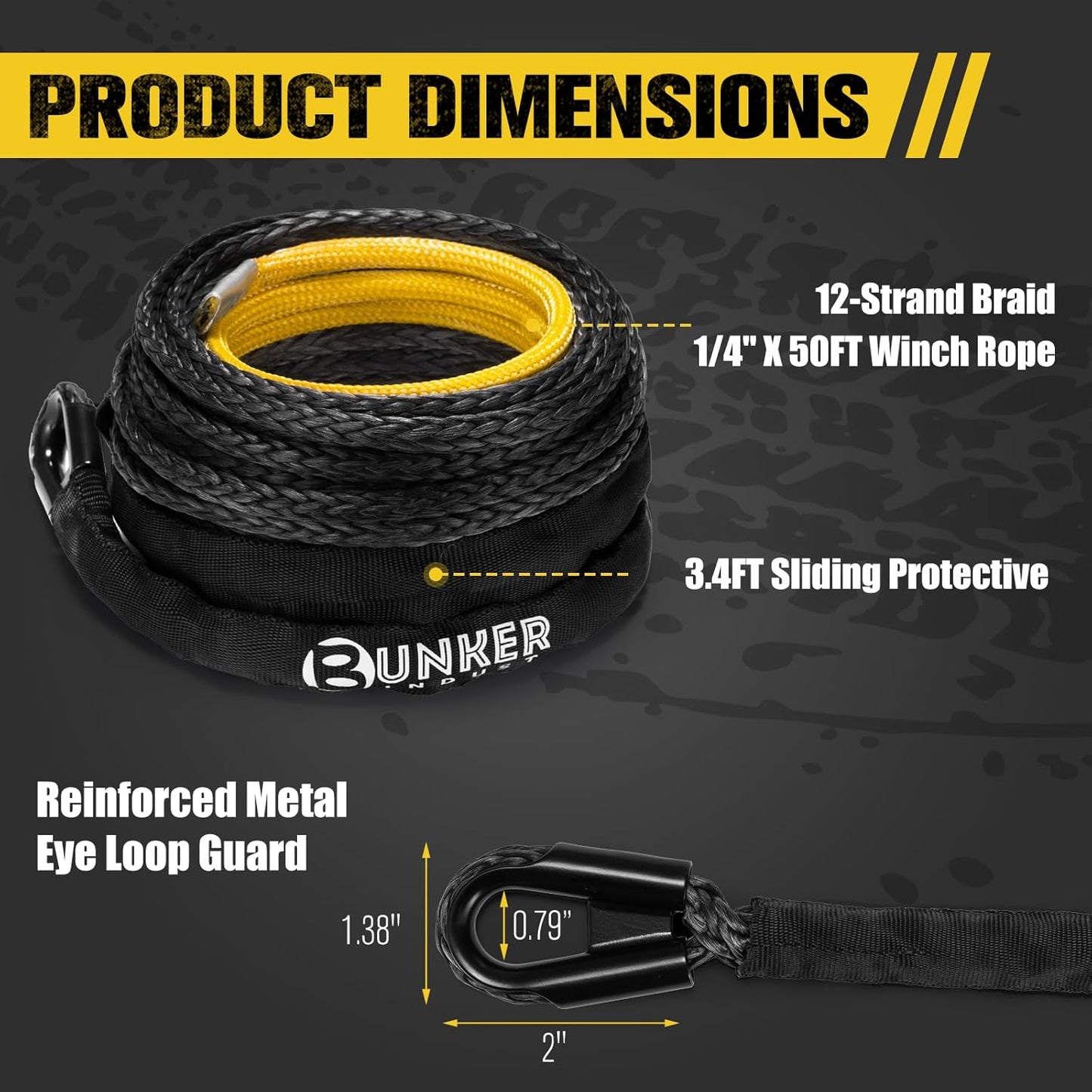 BUNKER INDUST 1/4" x 50' Synthetic Winch Rope,9500LBS ATV UTV Winch Cable with Protective Sleeve 50 FT Winch Line Replacement for 4500 to 6000LBS Winch, Black