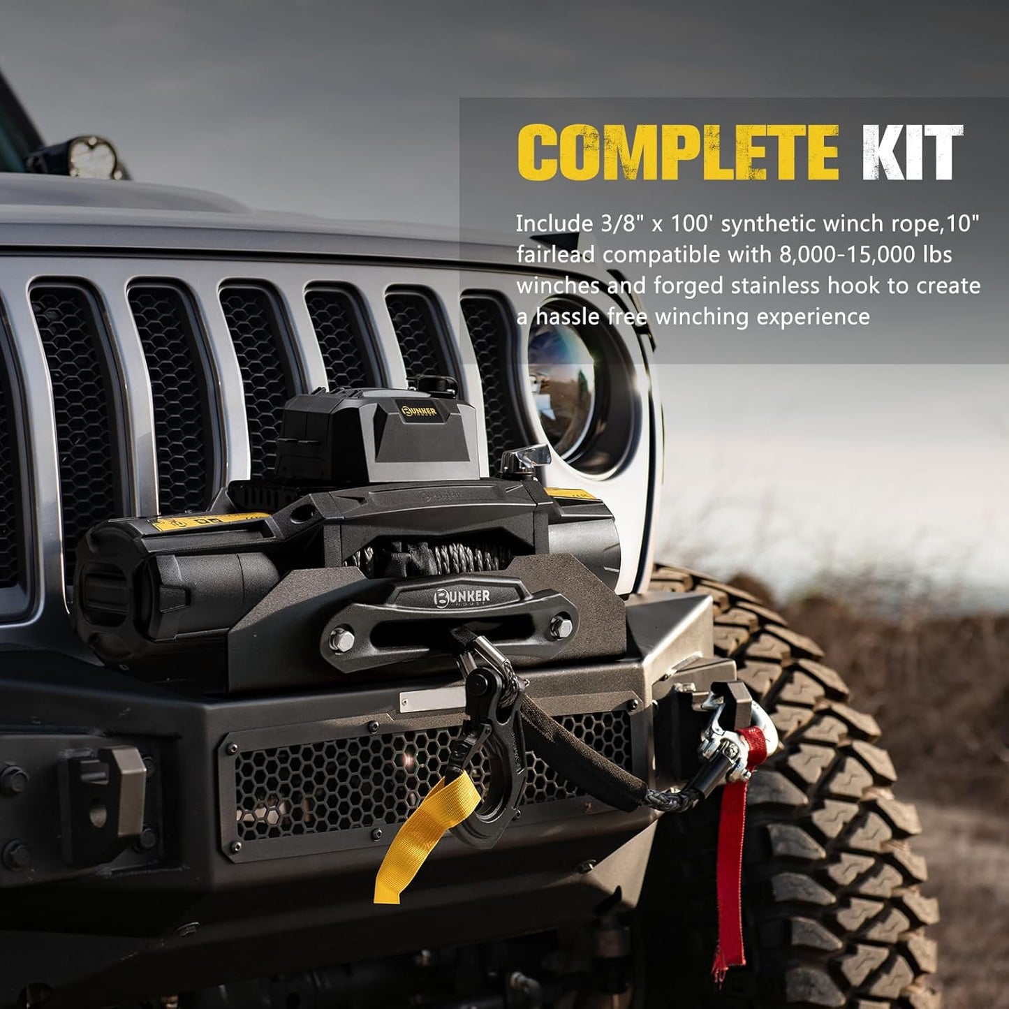 BUNKER INDUST Synthetic Winch Rope Kit,3/8" x 100' 23809LBS Winch Line Cable Replacement with Protective Sleeve+Winch Fairlead+Hook for 4WD Off Road Vehicle Jeep Truck ATV UTV SUV(Black)