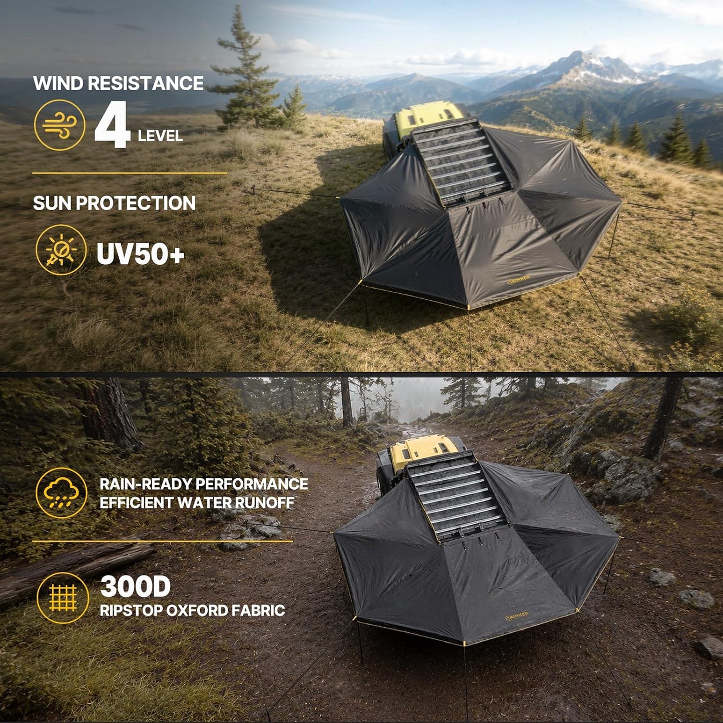 BUNKER INDUST 360° Freestanding Vehicle Awning, 145 Sq ft Large Coverage Car Side Awning with 3-Color LED Light, Waterproof Overland Shelter for SUV Truck Van Offroad Camping