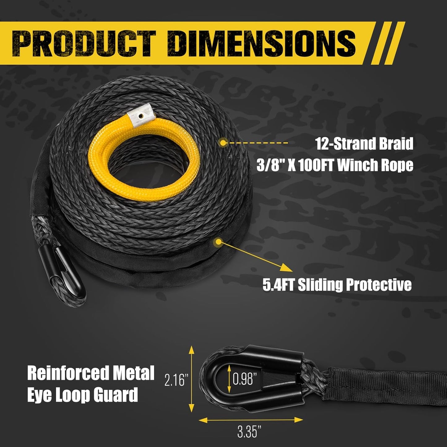 BUNKER INDUST 3/8" x 100' Synthetic Winch Rope, 25000LBS Winch Cable with Protective Sleeve 100ft Winch Line Black Replacement for Off-Road Vehicles, Trucks, SUVs