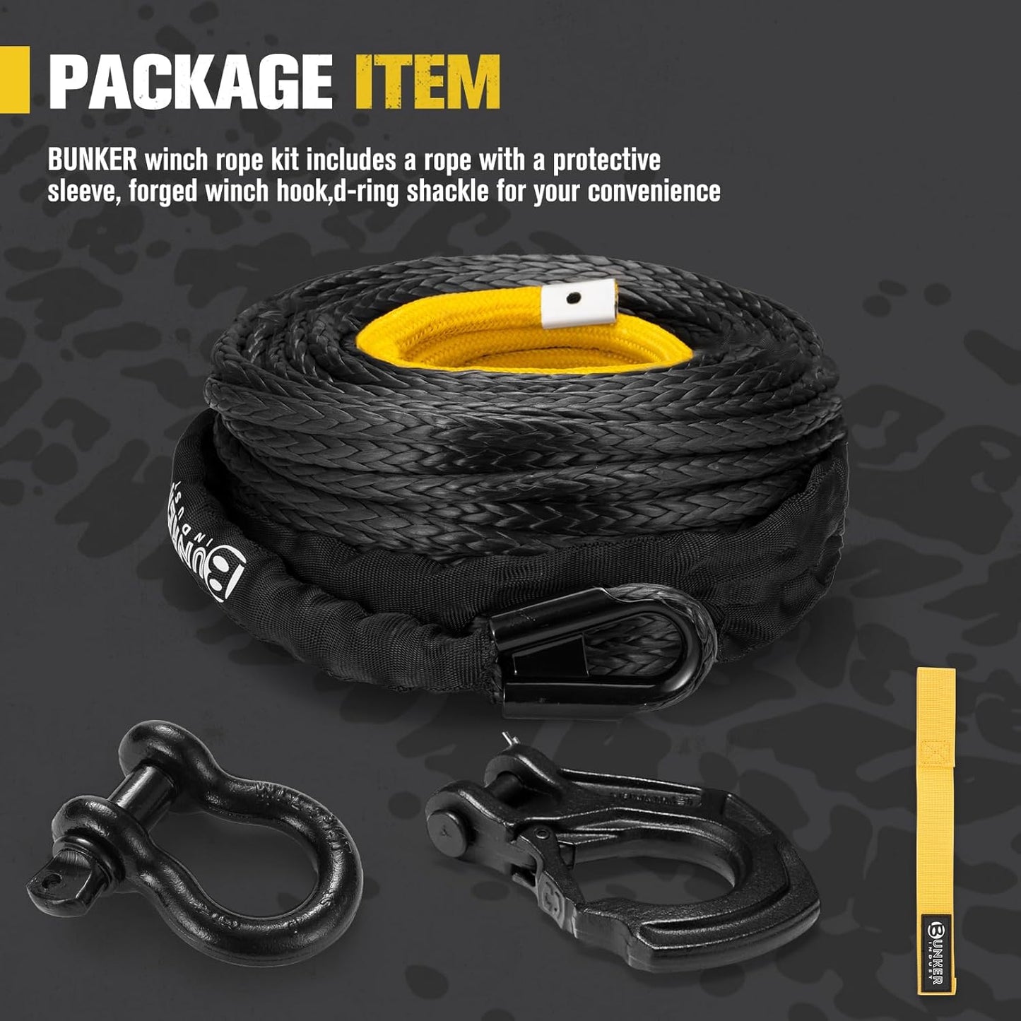 BUNKER INDUST Synthetic Winch Rope + D-Ring Shackle + Winch Hook,100ft x 3/8" 26500Lbs Winch Cable Replacement Kit with Protective Sleeve for Truck, Jeep Off-Road Recovery