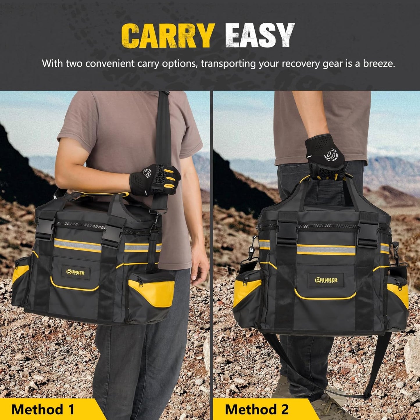 BUNKER INDUST Heavy Duty Large Recovery Gear Bag with Shoulder Strap, Reflective Strips, Multi-Pockets for Offroad Accessories & Tool Organizer